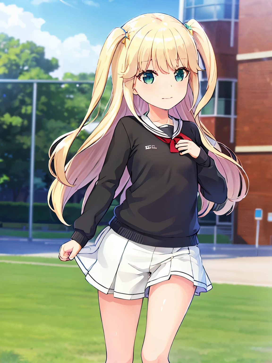 s○l○, 1 girl, highest quality, very detailed, (masterpiece), (illustration), school, outdoor, upper body, face, face focus, from front, , long sleeves, blonde hair, long hair, green eyes, two side up, eyebrows visible through hair, shine, bangs, shine, flat chest,white gym uniform,red bloomers,tear