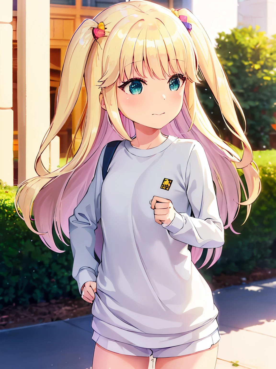 s○l○, 1 girl, highest quality, very detailed, (masterpiece), (illustration), school, outdoor, upper body, face, face focus, from front, , long sleeves, blonde hair, long hair, green eyes, two side up, eyebrows visible through hair, shine, bangs, shine, flat chest,white gym uniform,red bloomers,nude