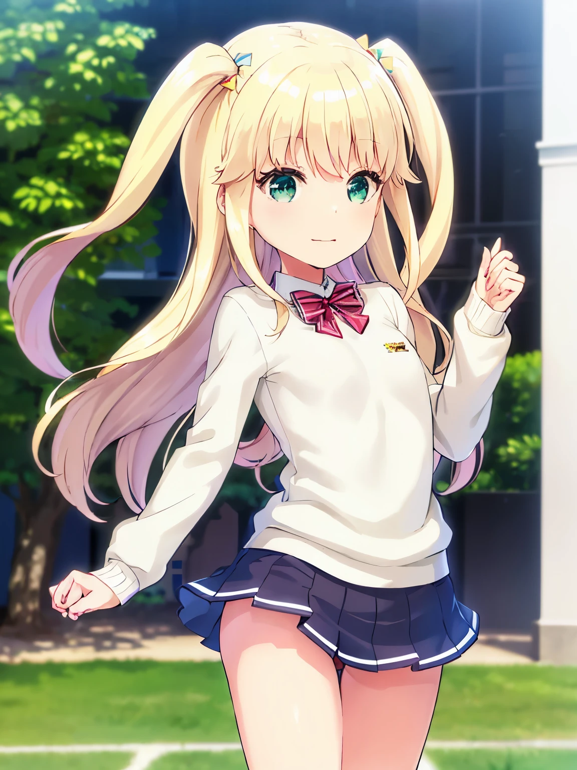 s○l○, 1 girl, highest quality, very detailed, (masterpiece), (illustration), school, outdoor, upper body, face, face focus, from front, , long sleeves, blonde hair, long hair, green eyes, two side up, eyebrows visible through hair, shine, bangs, shine, flat chest,white gym uniform,red bloomers,nude,topless,