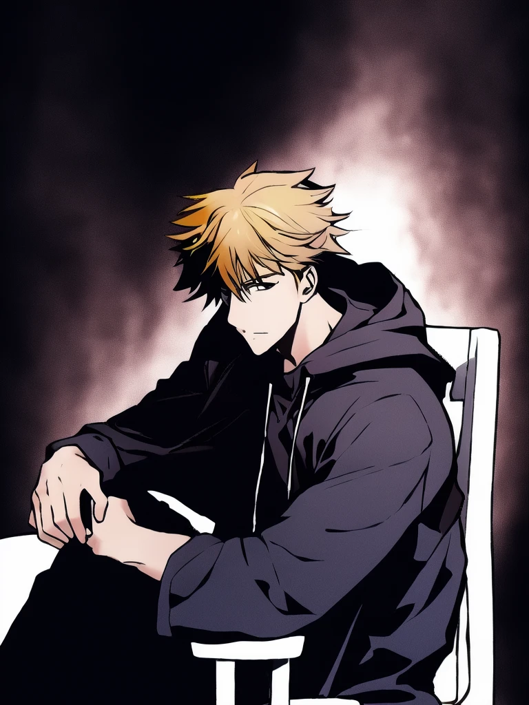 ((Character, best quality: 1.5, masterpiece, 8k detailed, monochrome: 1.5, anime)), solo: 2, 1boy, adult, hooded cloaked man talking, sitting on a chair, dark light, combed hair, dark colors, cross-arm, hood on, close view, side view, upper body, edgCultist, face only,