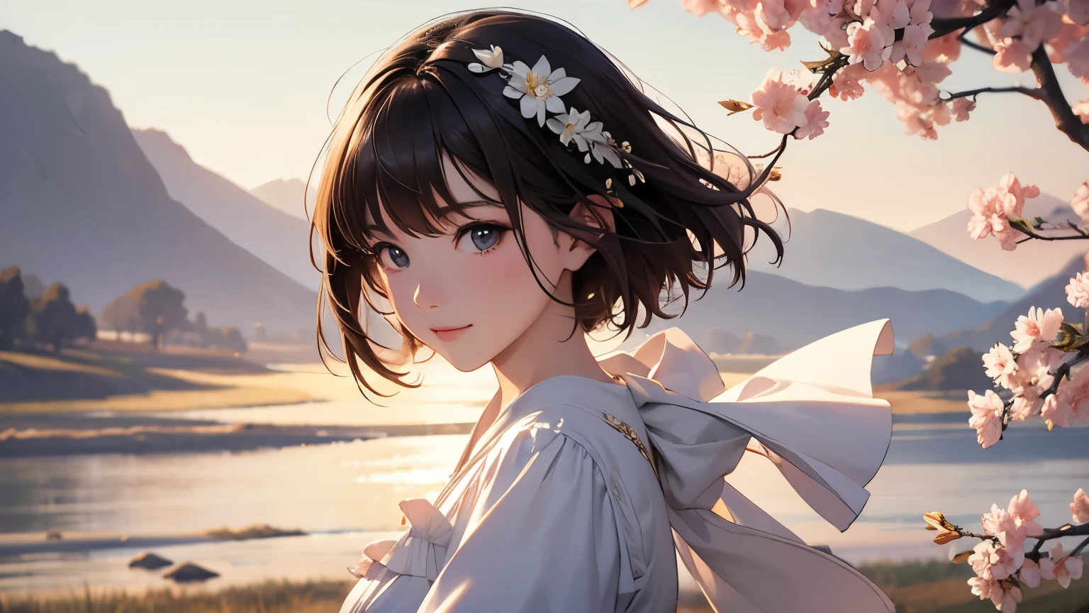 ((highest quality、masterpiece、High resolution))、(Sargent style watercolor)、(anime art)、soft light、Cotswold scenery、Flowers bloom all over the hills、(1 woman)、medium short hair、dark brown hair、braided hair、(Detailed depiction of a beautiful face)、smile gently、White blouse and long skirt、picnic、Standing on a hill、blown by the wind、cinematic light、soft sunlight、blur the background、