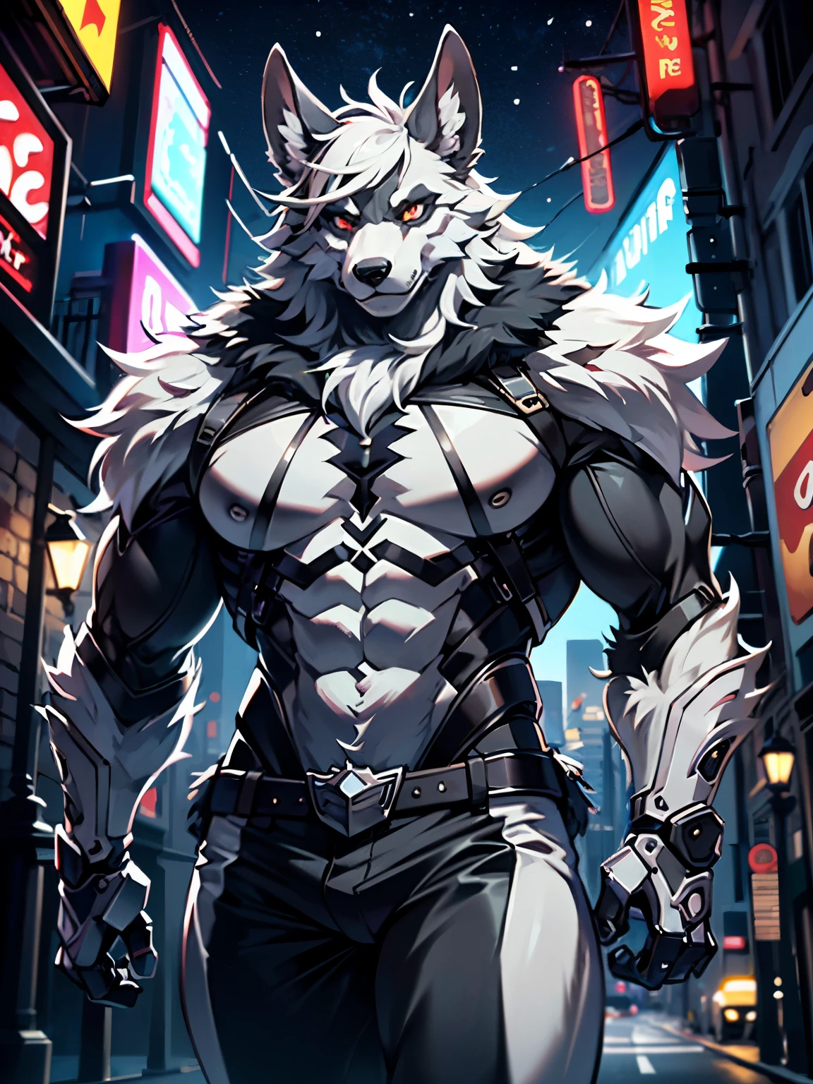 (best quality,4k,8k,highres,masterpiece:1.2), ultra-detailed, (realistic,photorealistic,photo-realistic:1.37), close-up shot of a machine werewolf standing on a city street. The werewolf has beautiful detailed eyes, a muscular face with a snout, and long, sharp fangs. Its lips are also beautiful and highly detailed. The werewolf's fur is a combination of white and gray, giving it a striking appearance. Its body is strong and well-built, with a combination of organic and mechanical features. One of its arms is fully mechanical, with intricate details and gears exposed. The hand is clawed, giving the werewolf an intimidating presence. The scene captures the werewolf standing alone in the middle of the bustling city street. The werewolf is an adult anthro character, exuding strength and power. It is adorned with gray pants, adding to its stylish yet rugged look. The overall image quality is (best quality,4k,8k,highres,masterpiece:1.2) with ultra-detailed rendering. The werewolf is depicted in a realistic and photorealistic style, ensuring every aspect of its appearance is faithfully recreated. The color palette of the scene is dominated by gray tones, reflecting the werewolf's fur and adding a sense of mystery to the overall composition. The lighting is carefully designed to highlight the werewolf's features and create a dramatic atmosphere.