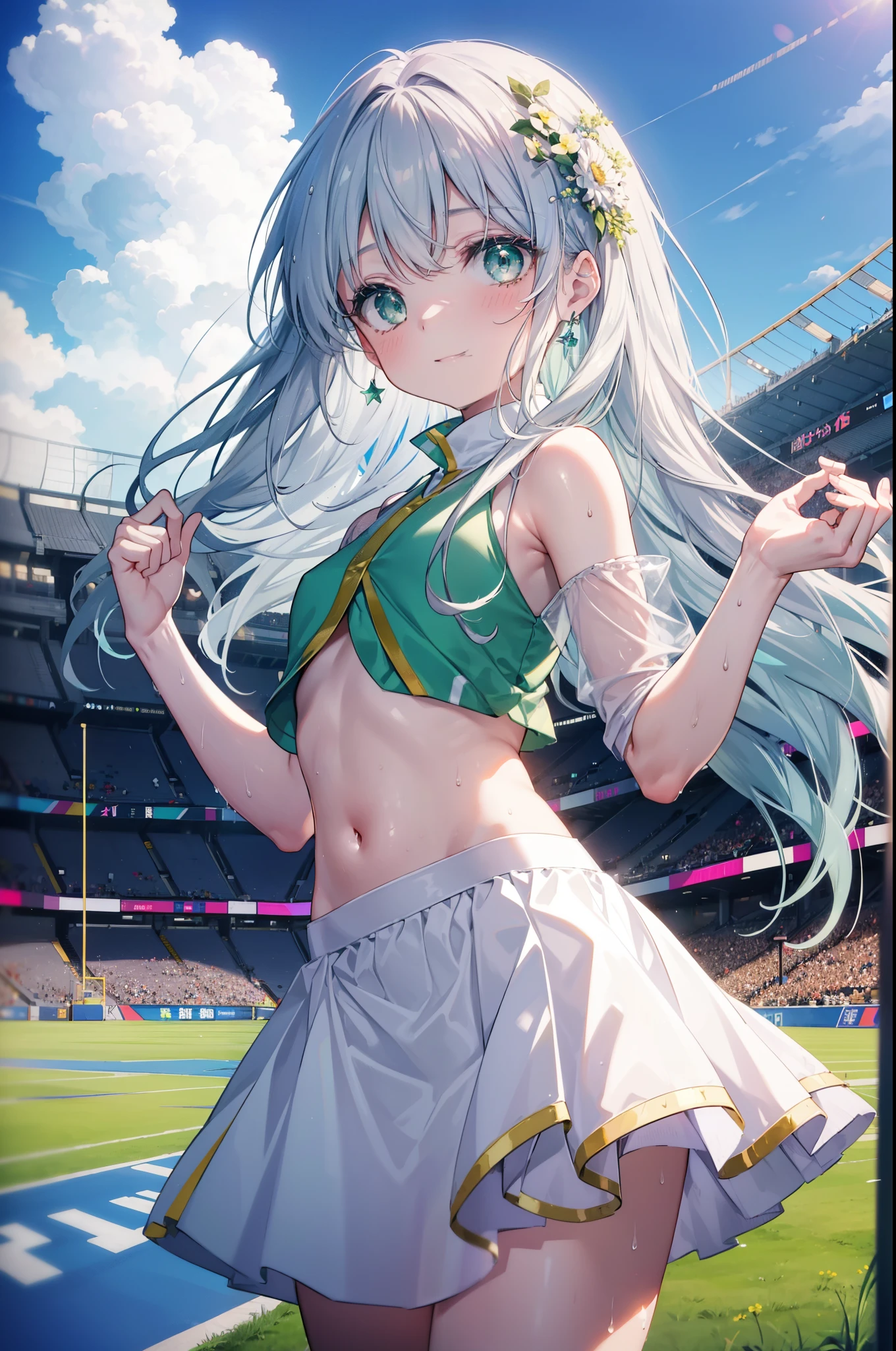 index, index, (green eyes:1.5), silver hair, long hair, (flat chest:1.2),(Cheerleader), (whole body), smile,blush,open your mouth,big breasts, lower, (sweaty), sweaty Wet Clothes, (白色Cheerleader服),, Belly button support, playground, (jump), (jump), 足を曲げてjumpする, air, blue sky, Grass原, smile
Cheerleader, pom pom \(Cheerleader\), Grass, smile, 
break looking at viewer, Upper body, whole body,
break outdoors,stadium ,
break (masterpiece:1.2), highest quality, High resolution, unity 8k wallpaper, (shape:0.8), (fine and beautiful eyes:1.6), highly detailed face, perfect lighting, Very detailed CG, (perfect hands, perfect anatomy),