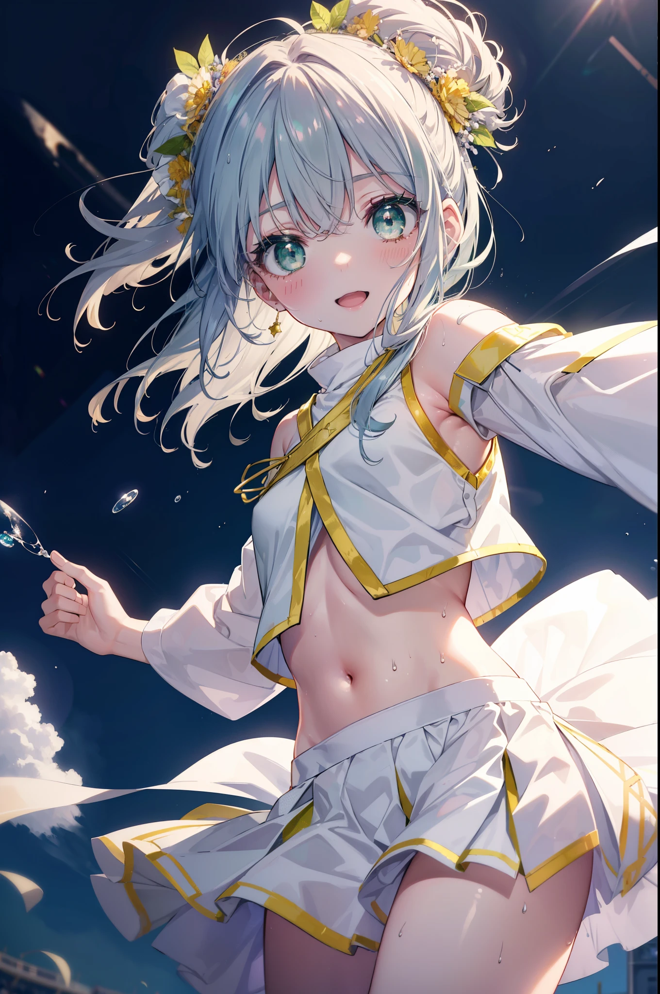 index, index, (green eyes:1.5), silver hair, long hair, (flat chest:1.2),(Cheerleader), (whole body), smile,blush,open your mouth,big breasts, lower, (sweaty), sweaty Wet Clothes, (白色Cheerleader服),, Belly button support, playground, (jump), (jump), 足を曲げてjumpする, air, blue sky, Grass原, smile
Cheerleader, pom pom \(Cheerleader\), Grass, smile, 
break looking at viewer, Upper body, whole body,
break outdoors,stadium ,
break (masterpiece:1.2), highest quality, High resolution, unity 8k wallpaper, (shape:0.8), (fine and beautiful eyes:1.6), highly detailed face, perfect lighting, Very detailed CG, (perfect hands, perfect anatomy),