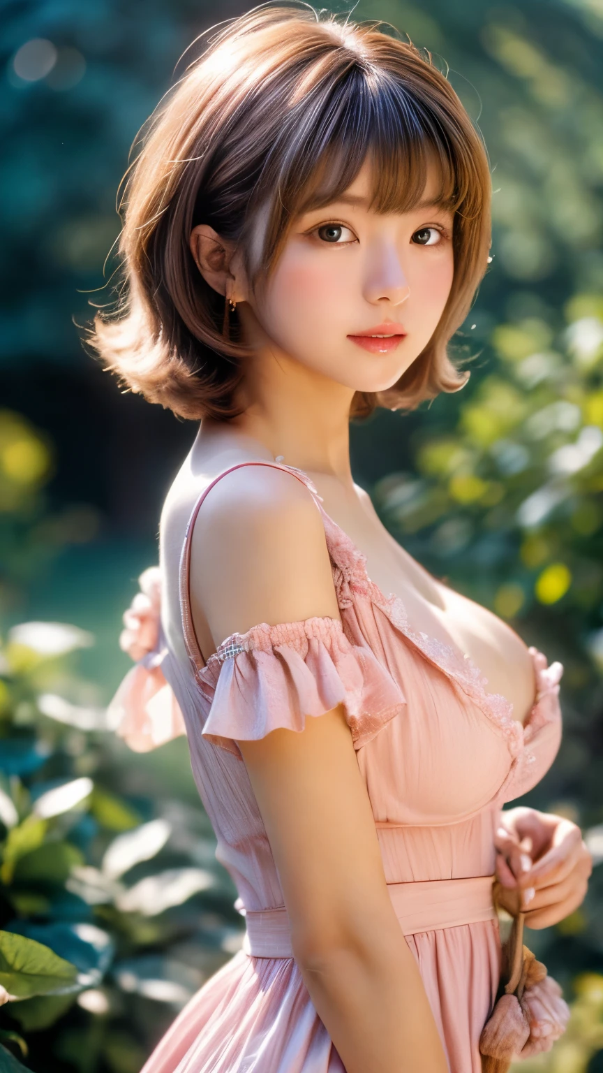 8k, RAW photo, Fujifilm, analog style photo of a beautiful young woman as avril with (huge breasts) in a light pink rose garden (highly detailed skin:1.2) Style-Petal BREAK
short hair, blonde hair with color streaks, blunt bangs, wearing a dress, film grain, 35mm, cute-style, cowboy shot, closeup