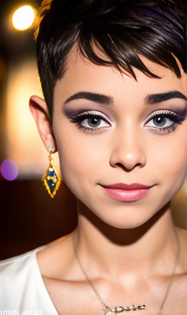 Photo of a 17-year-old European girl., .CRUDO, modelo adolescente hermosa,pecas en mejillas y pecho ,hermosos ojos azules(Light Brown Hair Pixie Haircut),corte de cabello pixie desalineado ((retrato)), ((Cara detallada:1.2)), ((rasgos faciales detallados)), (Piel finamente detallada) ,lindo maquillaje, purple eye shadows on the eyelids. ,un sexy(color fresco), (mesa) (proporciones perfectaotos realistas)(La mejor calidad), nffsw, (8K) (papel tapiz) (cinematic lighting) (dramatic lighting) (sharp focus) (Enrevesado) , fondo variado , linda sonrisa, foto de cuerpo completo , posando para foto , gargantilla negra , aretes de clip , maquillaje , labios rojos , sombra de ojos morada , viste vestido morado elegante , chica alegre