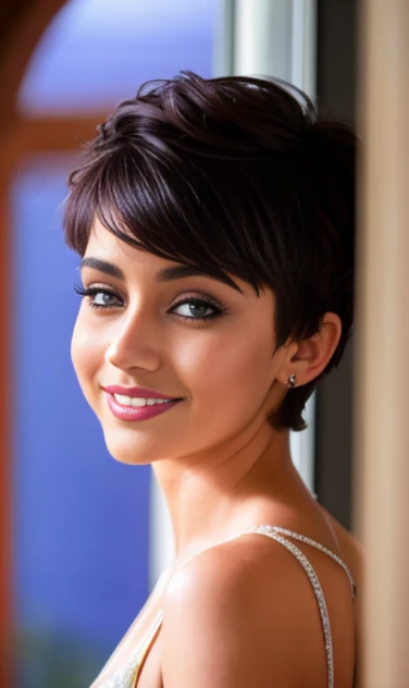 Photo of a 17-year-old European girl., .CRUDO, modelo adolescente hermosa,pecas en mejillas y pecho ,hermosos ojos azules(Light Brown Hair Pixie Haircut),corte de cabello pixie desalineado ((retrato)), ((Cara detallada:1.2)), ((rasgos faciales detallados)), (Piel finamente detallada) ,lindo maquillaje, purple eye shadows on the eyelids. ,un sexy(color fresco), (mesa) (proporciones perfectaotos realistas)(La mejor calidad), nffsw, (8K) (papel tapiz) (cinematic lighting) (dramatic lighting) (sharp focus) (Enrevesado) , fondo variado , linda sonrisa, foto de cuerpo completo , posando para foto , gargantilla negra , aretes de clip , maquillaje , labios rojos , sombra de ojos morada , viste vestido morado elegante , chica alegre