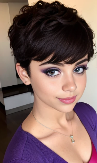 Photo of a 17-year-old European girl., .CRUDO, modelo adolescente hermosa,pecas en mejillas y pecho ,hermosos  ojos azules(Light Brown Hair Pixie Haircut),corte de cabello pixie desalineado ((retrato)), ((Cara detallada:1.2)), ((rasgos faciales detallados)), (Piel finamente detallada)  ,lindo maquillaje, purple eye shadows on the eyelids. ,un sexy(color fresco), (mesa) (proporciones perfectaotos realistas)(La mejor calidad), nffsw, (8K) (papel tapiz) (cinematic lighting) (dramatic lighting) (sharp focus) (Enrevesado) , fondo variado , linda sonrisa, foto de cuerpo completo , posando para foto , gargantilla negra , aretes de clip , maquillaje , labios rojos , sombra de ojos morada , viste vestido  morado elegante , chica alegre