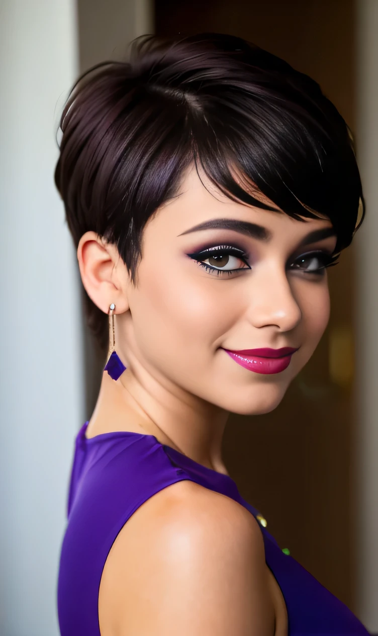 Photo of a -yeld Euean girl., .CRUDO, Mujer hermosa,pecas en mejillas y pecho ,hermosos  ojos azules(Light Brown Hair Pixie Haircut),corte de cabello pixie desalineado ((retrato)), ((Cara detallada:1.2)), ((rasgos faciales detallados)), (Piel finamente detallada)  ,lindo maquillaje, purple eye shadows on the eyelids. ,un sexy(color fresco), (mesa) (proporciones perfectaotos realistas)(La mejor calidad), nffsw, (8K) (papel tapiz) (cinematic lighting) (dramatic lighting) (sharp focus) (Enrevesado) , fondo variado , linda sonrisa, foto de cuerpo completo , posando para foto , gargantilla negra , aretes de clip , maquillaje , labios rojos , sombra de ojos morada , viste vestido  morado elegante , chica alegre