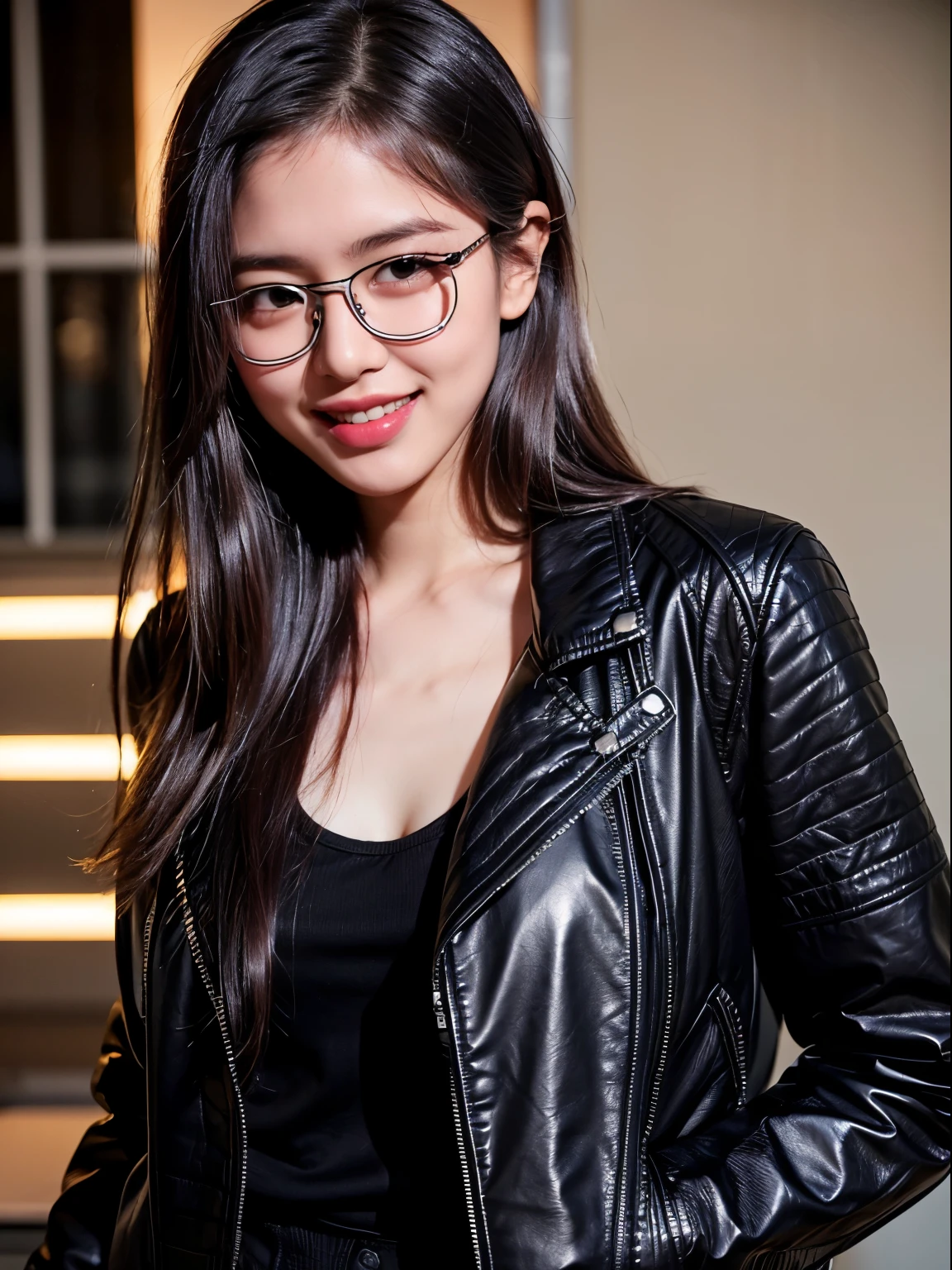 (​masterpiece:1.2), 8k,(ultra-realsitic:1.37), 17 year old Thai actress, (random sexy pose:1.3), (laughing slightly:1.2), black hair, face lights, Detailed face, (wear eyeglasses:1.4), (wearing a shining black faux leather jacket:1.5), sexy costume,