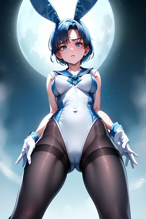 table top, highest quality, 1 girl, (sailor mercury),light blue hair, (black eye:1.2),((Bunny girl))、((leotard))、((embarrassed look))、((full moon))、((Photo from below))、(((pantyhose)))、((short hair hair))、((white long gloves))、((open your legs))、((Bunny ears))、((Tierra))