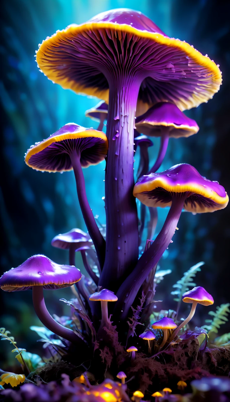 (best quality,Super detailed),professional,close up,Bioluminescent purple yellow mushroom,sharp focus,bright colors,studio lighting