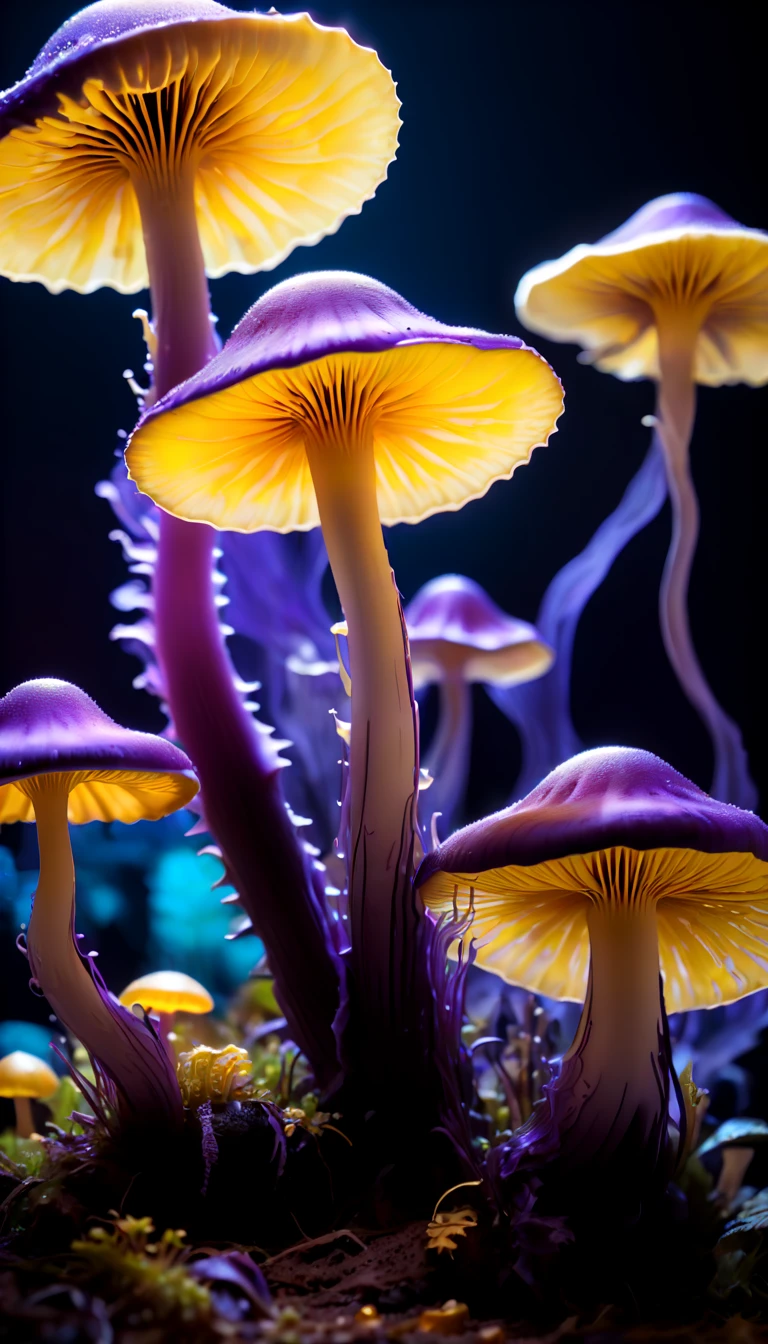 (best quality,Super detailed),professional,close up,Bioluminescent purple yellow mushroom,sharp focus,bright colors,studio lighting