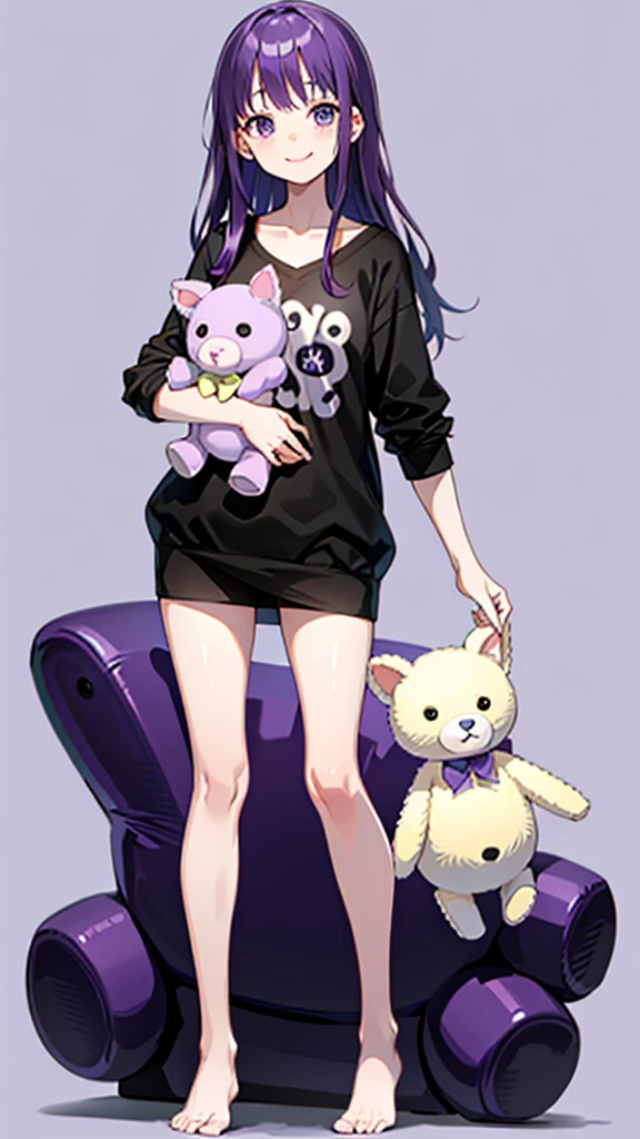 whole body,full body,Standing picture,standing position,Photographed from the front,from front,Girl holding a stuffed toy,purple hair,one piece,Room wear,cute,smile,simple background,