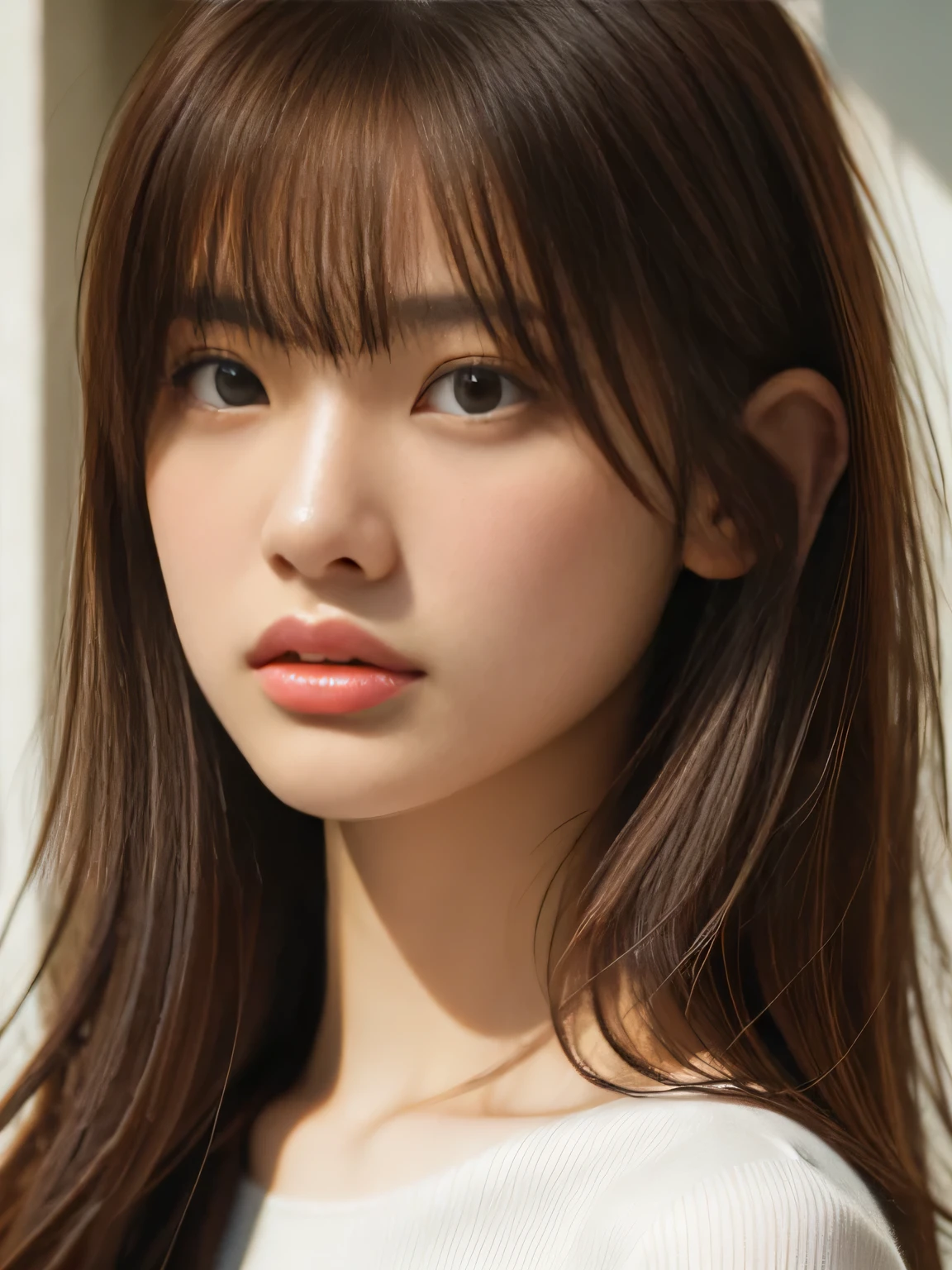 8K resolution, masterpiece, ultra high resolution, very detailed, realistic, very delicate and beautiful, fine skin, beautiful realistic face, detailed face, one girl, 19 years old, pictures of attractive japanese women, moody lighting, light brown hair, asymmetrical hair, asymmetrical bangs, messy hair, perfect female body, perfect delicate limbs, perfect body, 