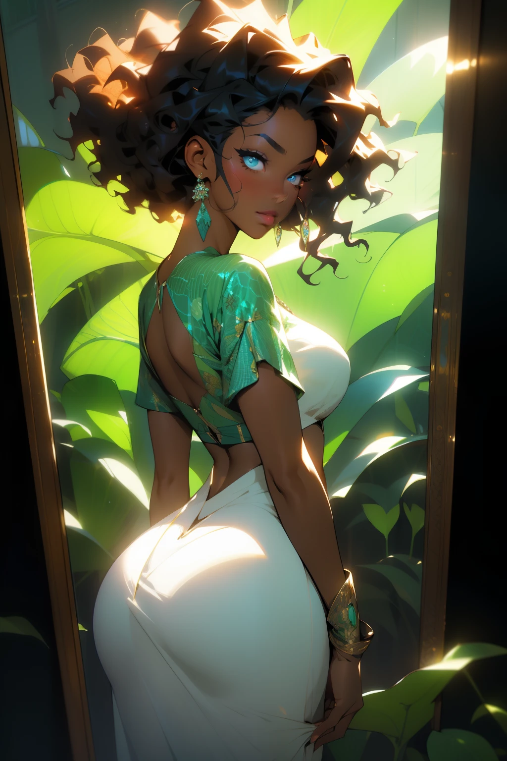 a young beautiful woman, willow smith, detailed face, beautiful eyes, full lips, long eyelashes, elegant posture, black skin, tight fitting dress, slim body, seductive, outdoor nature scene, lush greenery, sunlight filtering through trees, warm tones, cinematic lighting, photorealistic, highly detailed, 8k, masterpiece
