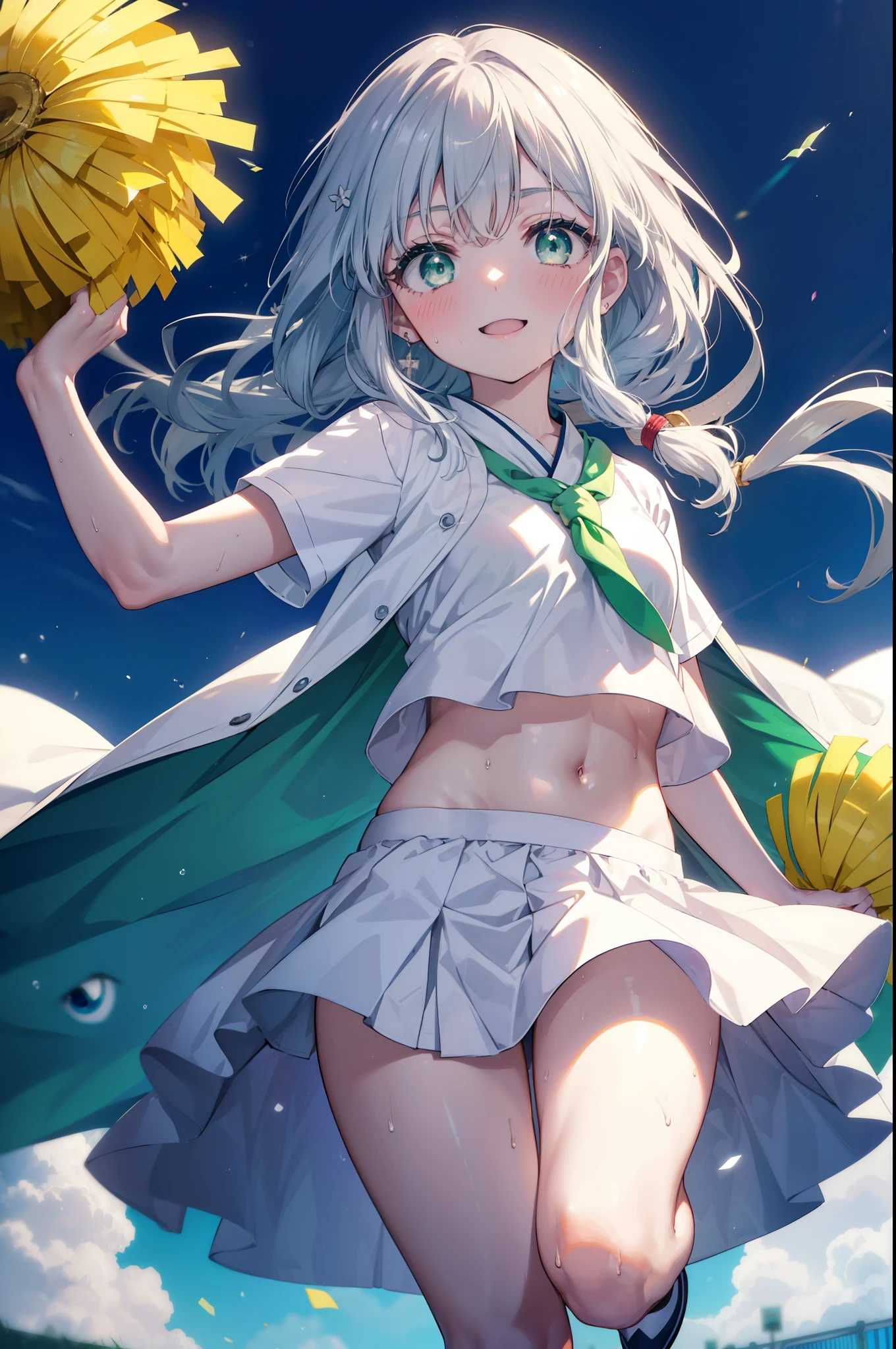 index, index, (green eyes:1.5), silver hair, long hair, (flat chest:1.2),(Cheerleader), (whole body), smile,blush,open your mouth,big breasts, lower, (sweaty), sweaty Wet Clothes, (白色Cheerleader服),, Belly button support, playground, (jump), (jump), 足を曲げてjumpする, air, blue sky, Grass原, smile
Cheerleader, White pom-poms on both hands \(Cheerleader\)have, Grass, smile,
break looking at viewer, Upper body, whole body,
break outdoors,stadium ,
break (masterpiece:1.2), highest quality, High resolution, unity 8k wallpaper, (shape:0.8), (fine and beautiful eyes:1.6), highly detailed face, perfect lighting, Very detailed CG, (perfect hands, perfect anatomy),