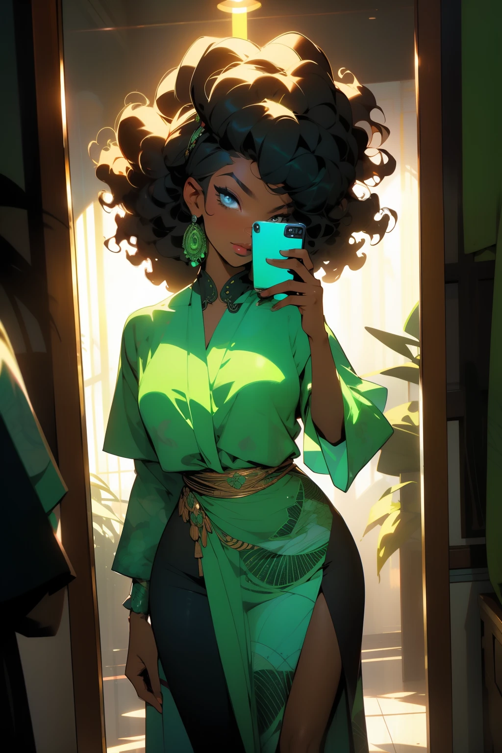 A captivating half body shot of a stunning black woman stands behind a foggy mirror, her reflection only partially revealed in the semi-transparent barrier. The enchanting scene is set against the backdrop of an atmospheric, shimmering background adorned with vibrant neon lit green leaves and flowers in semi-curve shapes. The woman's mesmerizing visage boasts blue eyes that sparkle with mystery and intrigue, framed by beautiful, naturally curly locks that cascade down her shoulders.
She dons an exquisitely designed African attire, its rich textures and bold colors harmonizing with her radiant complexion. The striking composition, with the fog