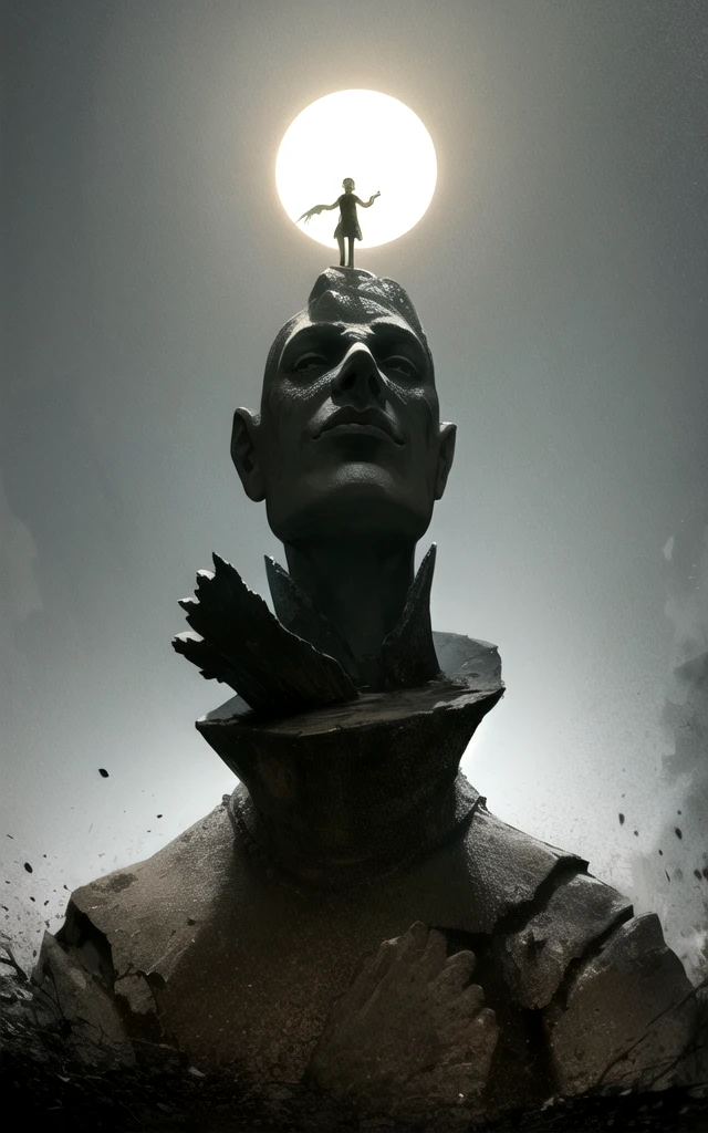 suspended in the face of a giant, in the style of haunting imagery, monumental figures --s 750 --v 6.0