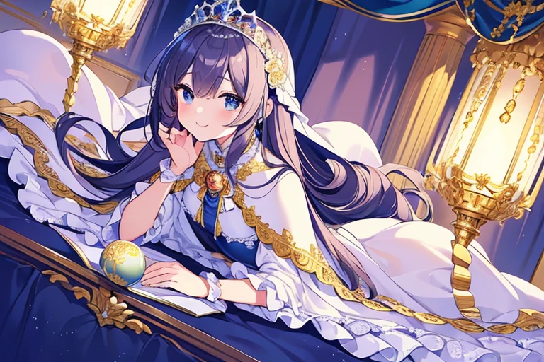 (kawaii),(masterpiece),(best quality),(ultra detailed), upper body, rococo style,(long train deep blue cape:1.1), very long cape,(long train white ball gown with flower decorations:1.05), a girl is wearing a cape over her gown, 1 little princess, tiara, smile, very long hair