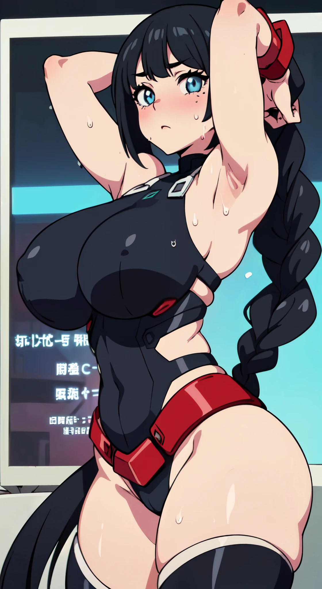 ((table top, highest quality, High resolution, nffsw, perfect pixel, 4k, nffsw, nffsw、Anime Screen Capture、Red Gauntlet))), 1 girl, single, alone, Beautiful woman、I could see the whole body、 ((middle wave hair, dull bangs, Braid black hair)), ((Red and shattered eyes, beautiful eyelashes, realistic eyes)), ((detailed face, blush:1.2)), ((smooth texture:0.75, realistic texture:0.65, realistic:1.1, Anime CG style)), ((muscular、huge breasts,wide ass、wide hips、thick thighs、both armpits))、(((Black and white sci-fi suit、Red back of hand))), perfect body, In town、((Very embarrassed、Sweat))、
