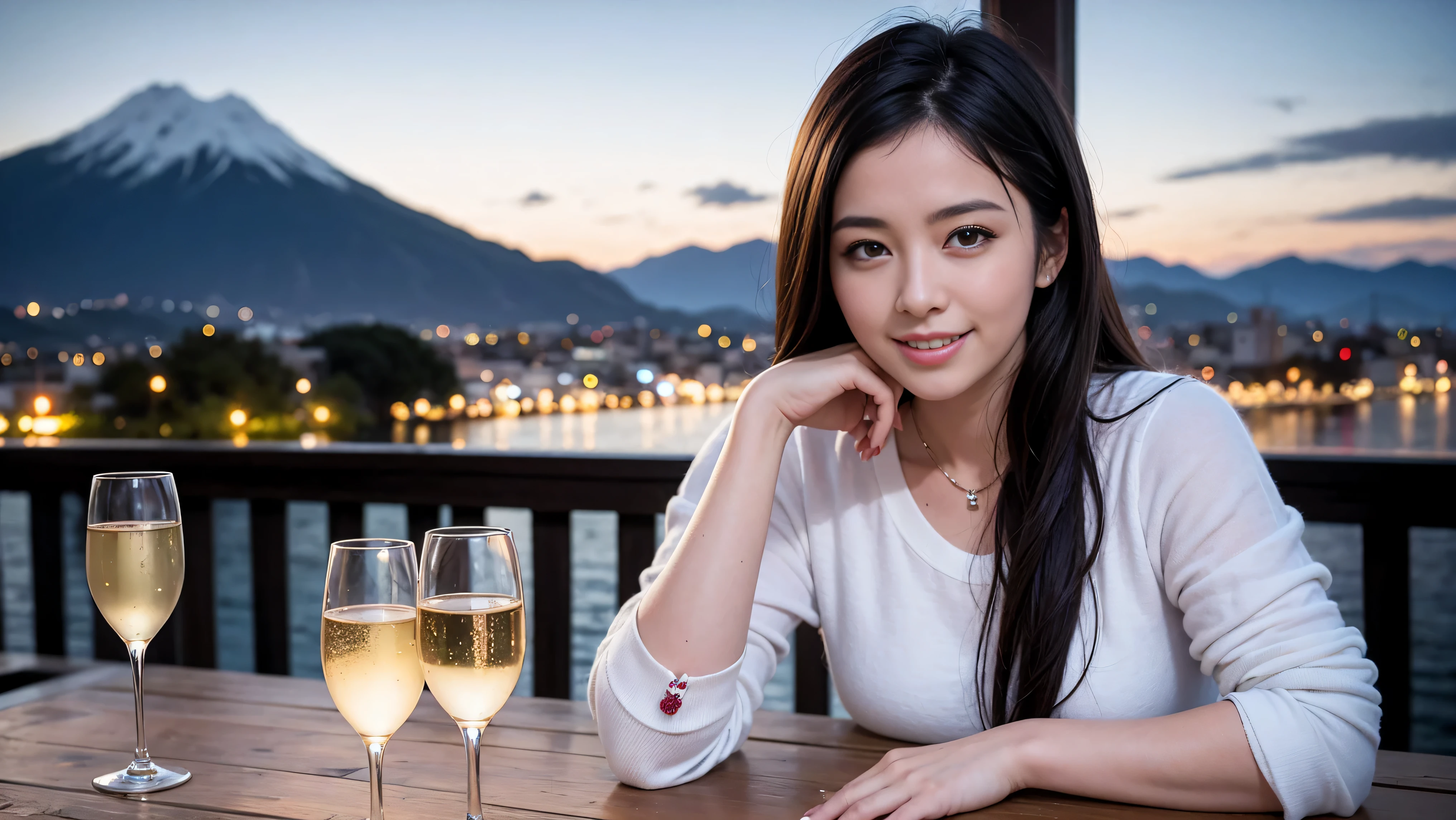 (K UHD, nffsw, top quality, table top: 1.2), (realistic, realistic: 1.37), Spectacular view of the sunset sky and clouds、Amazing mountain views、A bright smile、A lovely woman with a smile、The woman&#39;s face is bright、long sleeve shirt、winter fashion、Japanese、Dutch、German、Belgian、Italian、French,Champagne、sparkling wine、Pretty Woman 1, (slim face), (Because I&#39;m slender), (brown hair), (shortcut), cheeks turn a little red, (40 years old), 38 years old, attractive beauty、, A beautiful and detailed night view spreads out outside the window.........., restaurant, sitting in a wine glass, at night, in a prominent place (from the waist up) nova frog style, actress, model, Upper body, White wine, slim, wine glass, very beautiful night view, wine glass placed in the middle, Smile, (smile: 1.15), beautiful small eyes, Upper body, bust japan up, night, short, short, actress, model, Upper body, White wine, Red wine slim, wine glass, very beautiful night view, wine glass placed in the middle, Smile,