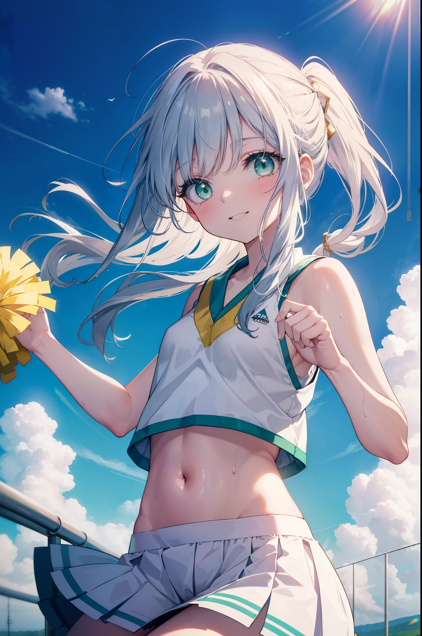 index, index, (green eyes:1.5), silver hair, long hair, (flat chest:1.2),ponytail,(Cheerleader), (whole body), smile,blush,open your mouth,big breasts, lower, (sweaty), sweaty Wet Clothes, (白色Cheerleader服),, Belly button support, playground, (jump), (jump), 足を曲げてjumpする, air, blue sky, Grass原, smile
Cheerleader, White pom-poms on both hands \(Cheerleader\)have, Grass, smile, 
break looking at viewer, Upper body, whole body,
break outdoors,stadium ,
break (masterpiece:1.2), highest quality, High resolution, unity 8k wallpaper, (shape:0.8), (fine and beautiful eyes:1.6), highly detailed face, perfect lighting, Very detailed CG, (perfect hands, perfect anatomy),