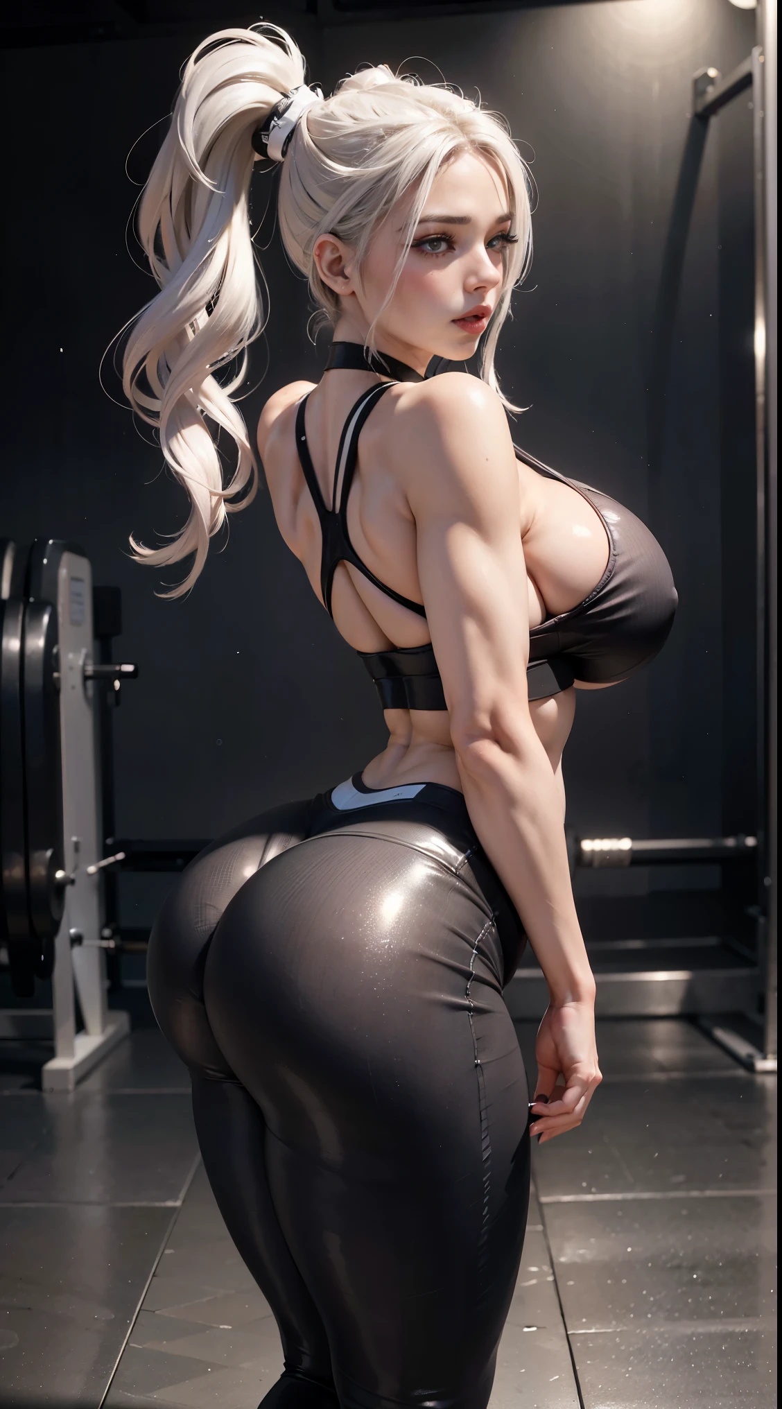 PERFECT MASTERPIECE, EXTREMELY DETAILED CG UNITY 32K UHD QUALITY RESOLUTION WALLPAPER, PHOTOREALISTIC, RAW PHOTO, PERFECT PHOTOGENIC CLARITY, OFFICIAL ART, AWARD-WINNING PORTRAIT, ULTRA HYPER-REALISTIC, ULTRA HYPER-DETAILED, SHINY REALISTIC SKIN, RAY TRACING, UNREAL ENGINE 5.8K, GLOWING AMBIENT LIGHT, The most beautiful and sexy fitness girl, very long platinum white hair in a ponytail, vibrant moonlight eyes, long detailed eyelashes, blushing, full pouting pink lips, curvy body type, full hips, accentuated super huge enormously gigantic tits, cleavage showing(athletic sports bra and leggings, arching her back in a sexy seductive slutty pose:1.3), looking at the viewer, close up pov camera view, sexy seductive slutty facial expression, athletic fitness gym background 