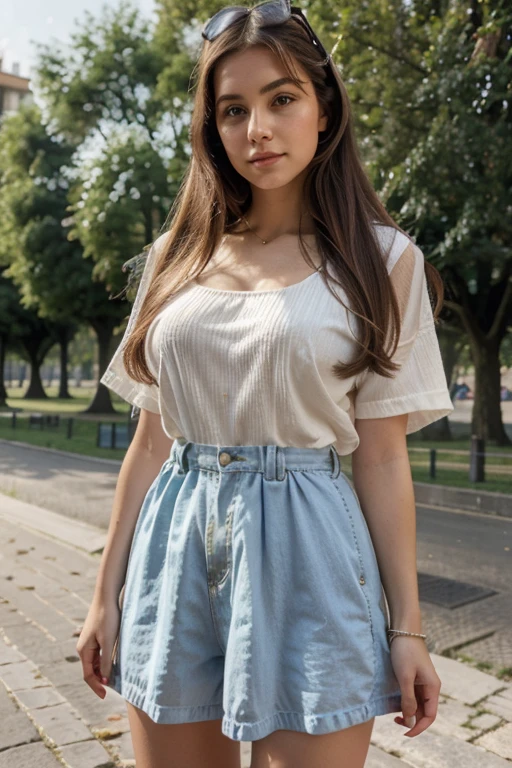 Donna, 23 anni,  al parco, seduta su una panchina, gonna, nylon, primavera, foto reale, perfetta, capelli neri, seno grande