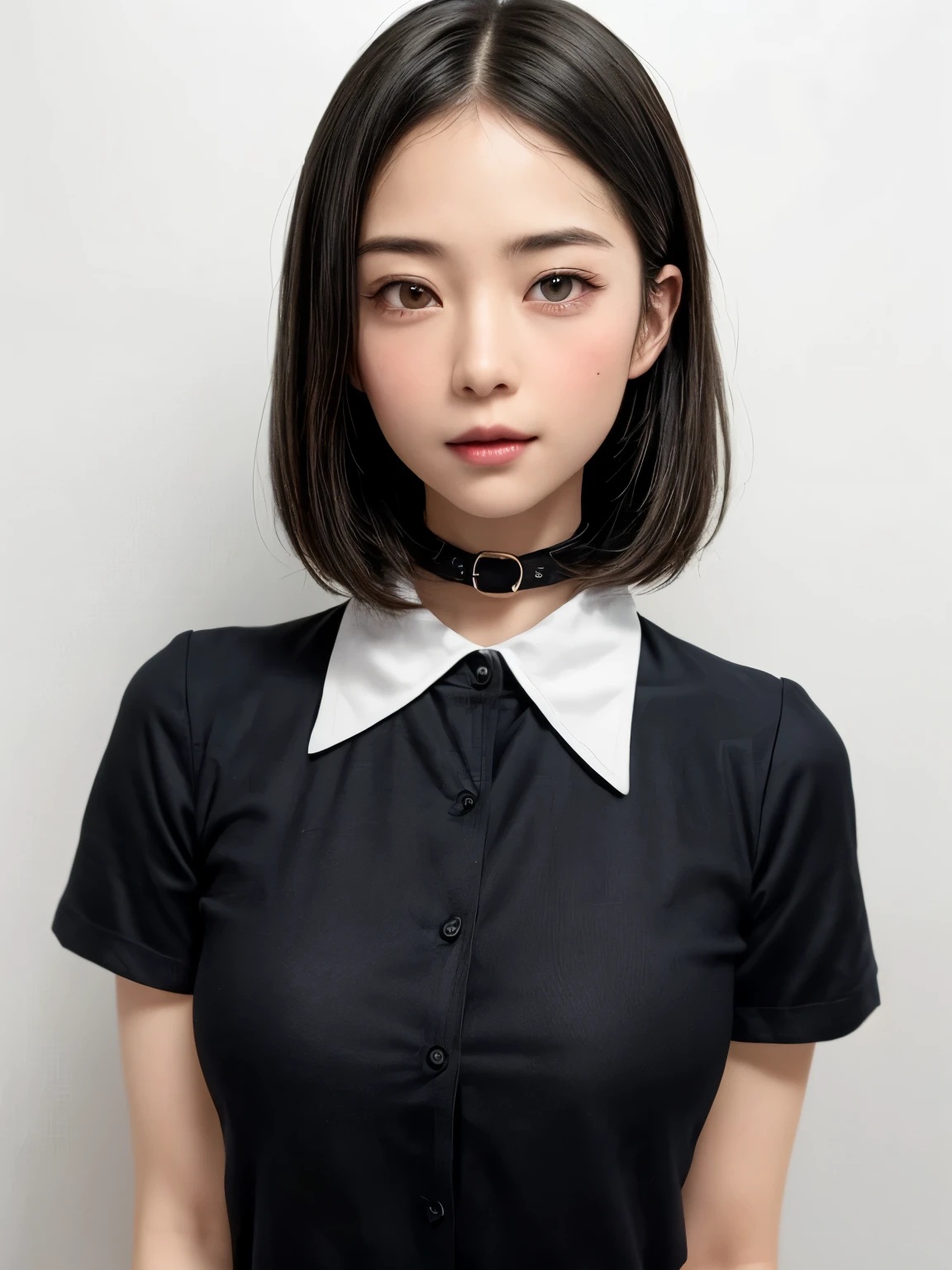(8K、highest quality、masterpiece:1.8、bangsのあるショートボブヘア:1.8)、(genuine、genuineistic:1.5)、Super detailed、1 girl、cute、alone、sitting、 (Beautiful face in symmetry、Beautiful face in golden proportions、smile:1.15)、(closed your mouth)、big chest、stare at the camera、stare at the camerachest元、fine and beautiful eyes、big, round eyes、Clear double eyelids、eyelash、lips、(white shirt with collar:1.6)、(short hair:1.2)、Very black hair:2、bangs:2、light brown eyes、long neck、smile、close your mouth、cute face、genuineistic skin types、genuineの質感、unbutton、Pale pink lip、There&#39;s genuinely no background、genuinely pure white background、28 years old,Natural light、上lipsが厚くない、Hands are lowered、{huge|big|hugeな|mega} chest:2, cleavage:2