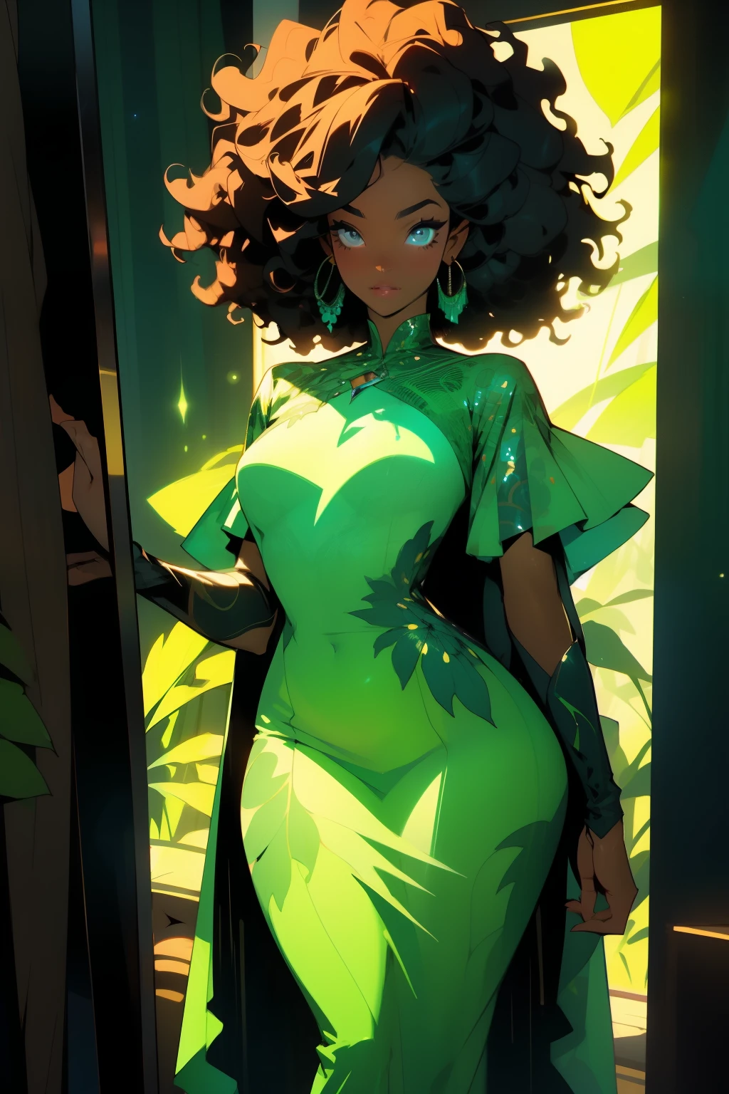 A captivating half body shot of a stunning black woman stands behind a foggy mirror, her reflection only partially revealed in the semi-transparent barrier. The enchanting scene is set against the backdrop of an atmospheric, shimmering background adorned with vibrant neon lit green leaves and flowers in semi-curve shapes. The woman's mesmerizing visage boasts blue eyes that sparkle with mystery and intrigue, framed by beautiful, naturally curly locks that cascade down her shoulders.

She dons an exquisitely designed African attire, its rich textures and bold colors harmonizing with her radiant complexion. The striking composition, with the fog