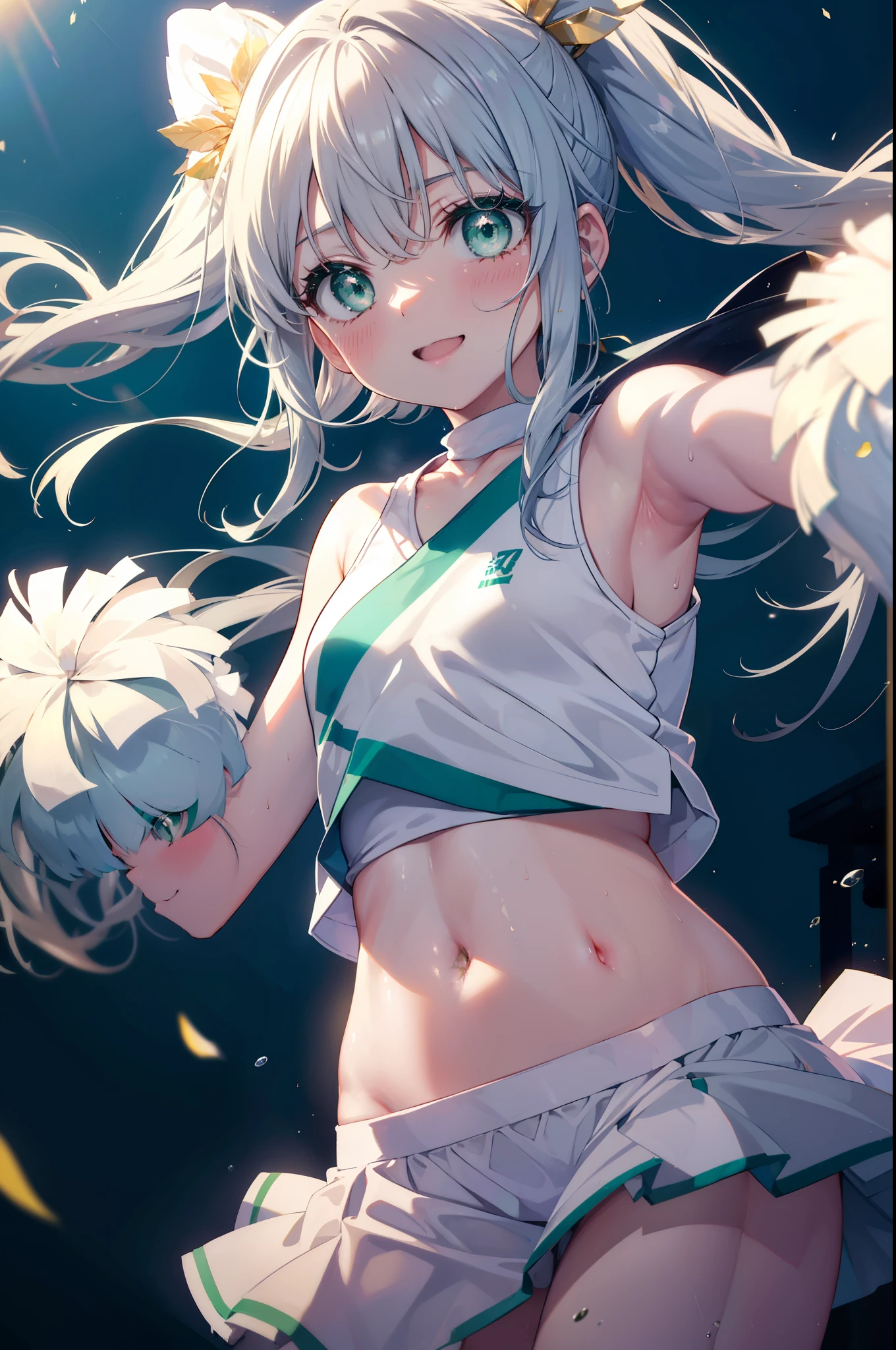 index, index, (green eyes:1.5), silver hair, long hair, (flat chest:1.2),ponytail,(Cheerleader), (whole body), smile,blush,open your mouth,big breasts, lower, (sweaty), sweaty Wet Clothes, (白色Cheerleader服),, Belly button support, playground, (jump), (jump), 足を曲げてjumpする, air, blue sky, Grass原, smile
Cheerleader, White pom-poms on both hands \(Cheerleader\)have, Grass, smile, 
break looking at viewer, Upper body, whole body,
break outdoors,stadium ,
break (masterpiece:1.2), highest quality, High resolution, unity 8k wallpaper, (shape:0.8), (fine and beautiful eyes:1.6), highly detailed face, perfect lighting, Very detailed CG, (perfect hands, perfect anatomy),