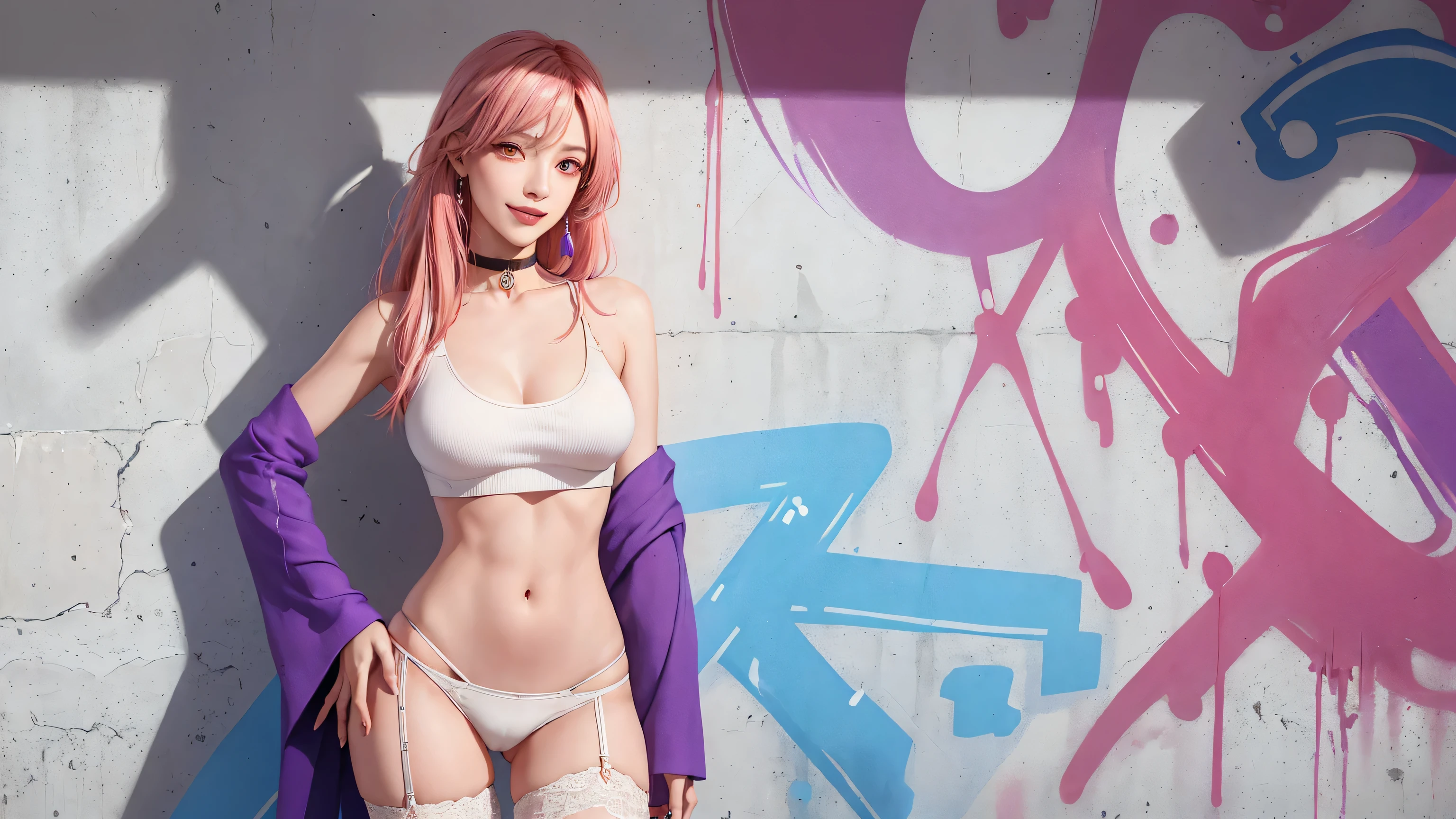 (masterpiece, best quality, 1girl, solo, intricate details, chromatic aberration), realistic, ((medium breath)),long hair, pink hair, red head ornament, pink highlights, hair over one eye,purple eyes, earrings, sharp eyes, choker, neon shirt, She wears a collar, bangles, and a kimono-style garter belt., crop top, (symmetry eyes),(perfect symmetrical body),against wall, brick wall, (colorful graffiti words on wall:1.2), dim lighting, alley ,look at viewer、dig breasts、smile、(No sleeve、Navel exposed、fitted turtleneck)、hot pants string street、thin butt、Please generate above the eaves.、thin shoulders、In underwear、