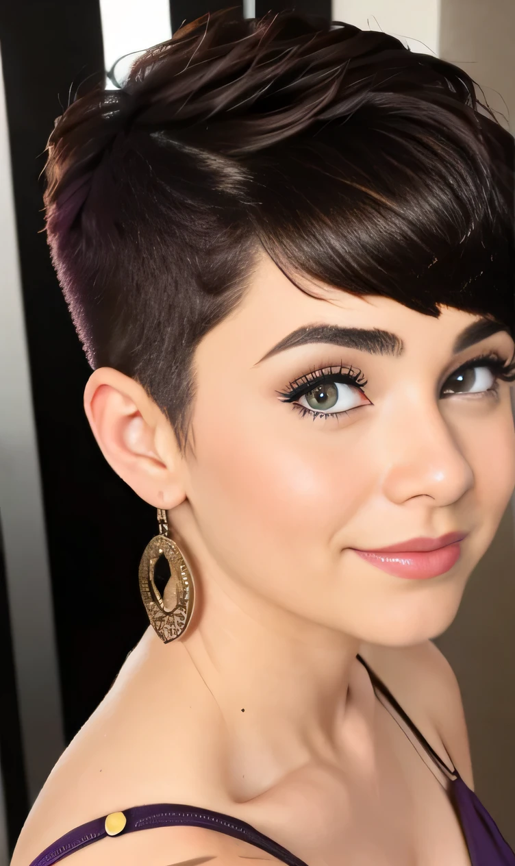 Photo of a 17-year-old European girl., .CRUDO, modelo adolescente hermosa,pecas en mejillas y pecho ,hermosos  ojos azules(Light Brown Hair Pixie Haircut),corte de cabello pixie desalineado ((retrato)), ((Cara detallada:1.2)), ((rasgos faciales detallados)), (Piel finamente detallada)  ,lindo maquillaje, purple eye shadows on the eyelids. ,un sexy(color fresco), (mesa) (proporciones perfectaotos realistas)(La mejor calidad), nffsw, (8K) (papel tapiz) (cinematic lighting) (dramatic lighting) (sharp focus) (Enrevesado) , fondo variado , linda sonrisa, foto de cuerpo completo , posando para foto , gargantilla negra , aretes de clip , maquillaje , labios rojos , sombra de ojos morada , viste vestido  morado elegante , chica alegre