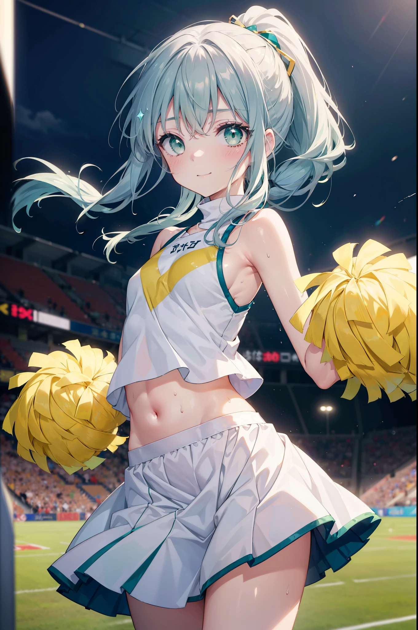 index, index, (green eyes:1.5), silver hair, long hair, (flat chest:1.2),ponytail,(Cheerleader), (whole body), smile,blush,open your mouth,big breasts, lower, (sweaty), sweaty Wet Clothes, (白色Cheerleader服),, Belly button support, playground, (jump), (jump), 足を曲げてjumpする, air, blue sky, Grass原, smile
Cheerleader, White pom-poms on both hands \(Cheerleader\)have, Grass, smile, 
break looking at viewer, Upper body, whole body,
break outdoors,stadium ,
break (masterpiece:1.2), highest quality, High resolution, unity 8k wallpaper, (shape:0.8), (fine and beautiful eyes:1.6), highly detailed face, perfect lighting, Very detailed CG, (perfect hands, perfect anatomy),