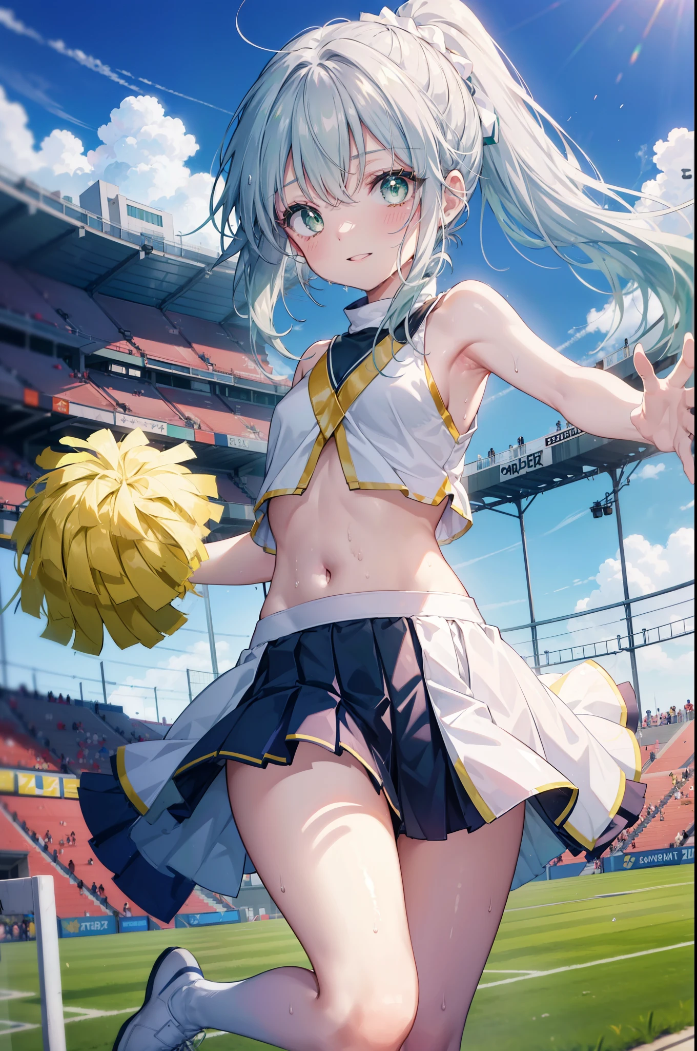 index, index, (green eyes:1.5), silver hair, long hair, (flat chest:1.2),ponytail,(Cheerleader), (whole body), smile,blush,open your mouth,big breasts, lower, (sweaty), sweaty Wet Clothes, (白色Cheerleader服),, Belly button support, playground, (jump), (jump), 足を曲げてjumpする, air, blue sky, Grass原, smile
Cheerleader, White pom-poms on both hands \(Cheerleader\)have, Grass, smile, 
break looking at viewer, Upper body, whole body,
break outdoors,stadium ,
break (masterpiece:1.2), highest quality, High resolution, unity 8k wallpaper, (shape:0.8), (fine and beautiful eyes:1.6), highly detailed face, perfect lighting, Very detailed CG, (perfect hands, perfect anatomy),