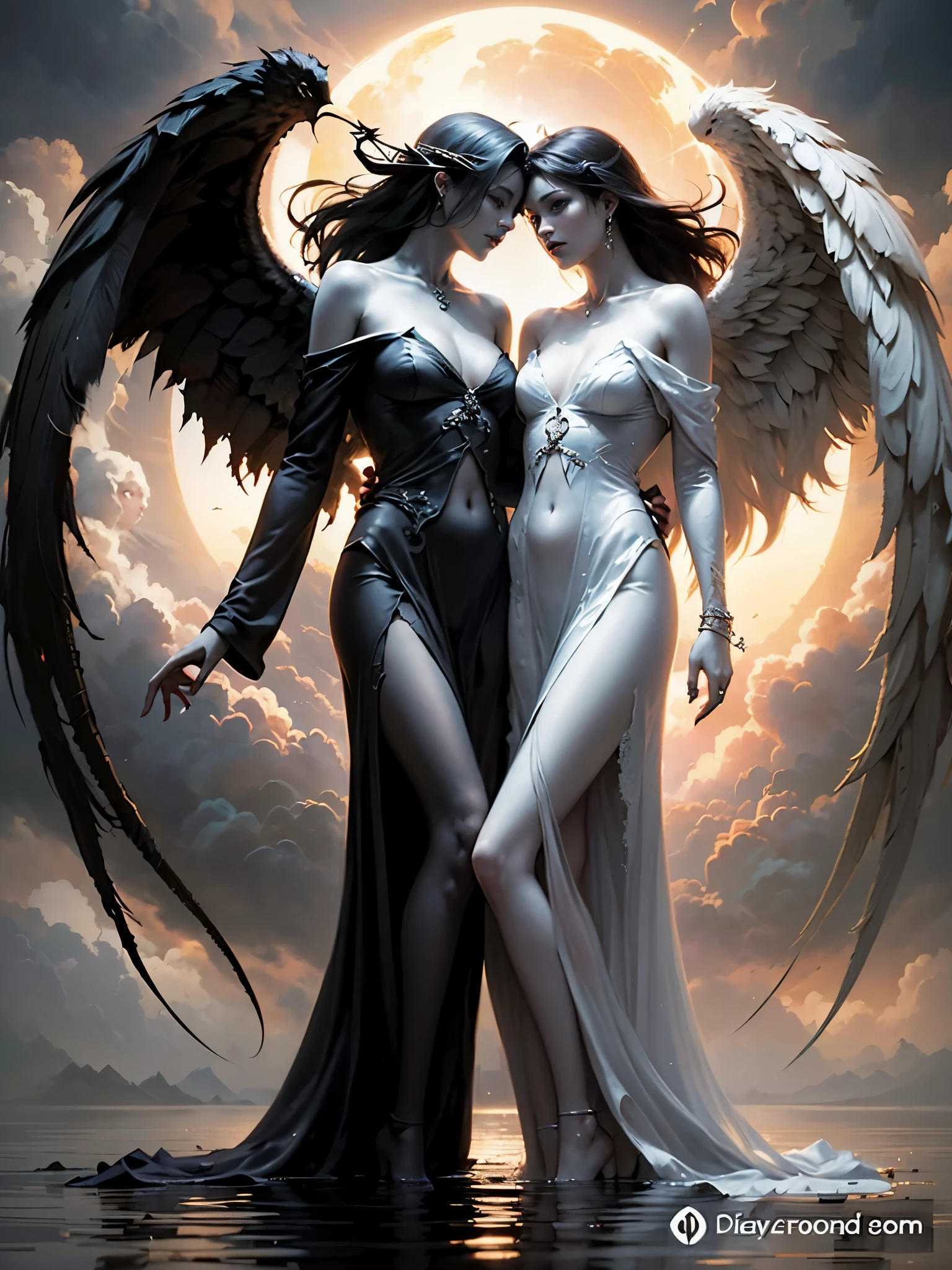 two women in white dresses standing next to each other in water, beautiful gemini good and evil, eros and thanatos, 2 angels, angels, angel versus devil, darius zawadzki and tom bagshaw, artstyle tom bagshaw, villainess has black angel wings, angels and demons, fallen angels, beautiful gemini twins