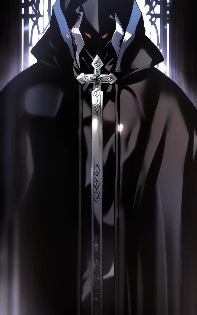 ((Character, best quality: 1.5, masterpiece, 8k detailed, monochrome: 1.5, anime)), solo: 2, 1boy, adult, hooded cloaked man talking, sitting on a chair, dark light, combed hair, dark colors, cross-arm, hood on, close view, side view, upper body, edgCultist, face only,