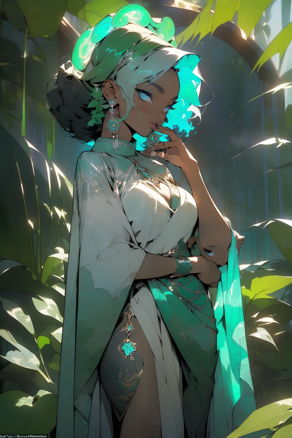 ((((Half body shot)) of a breathtaking black woman)) ((gracefully concealed behind a foggy mirror)), (((elegantly adorned in an exquisite African designed attire))), (((her mesmerizing image partially obscured))), (her piercing blue eyes) (((contrasting beautifully))) with her luscious curly hair), (((all amidst a whimsical composition))), (((enveloped by a captivating neon-lit arrangement of verdant leaves and blossoms))), ((forming a graceful semi-circular frame)), (((against an atmospheric backdrop shimmering with enchantment))), ((creating a breathtaking fusion of beauty and mood)), (((accentuated by a stunning color palette of lush greens, ethereal greys, and shimmering silvers))), (((each hue carefully curated to evoke a sense