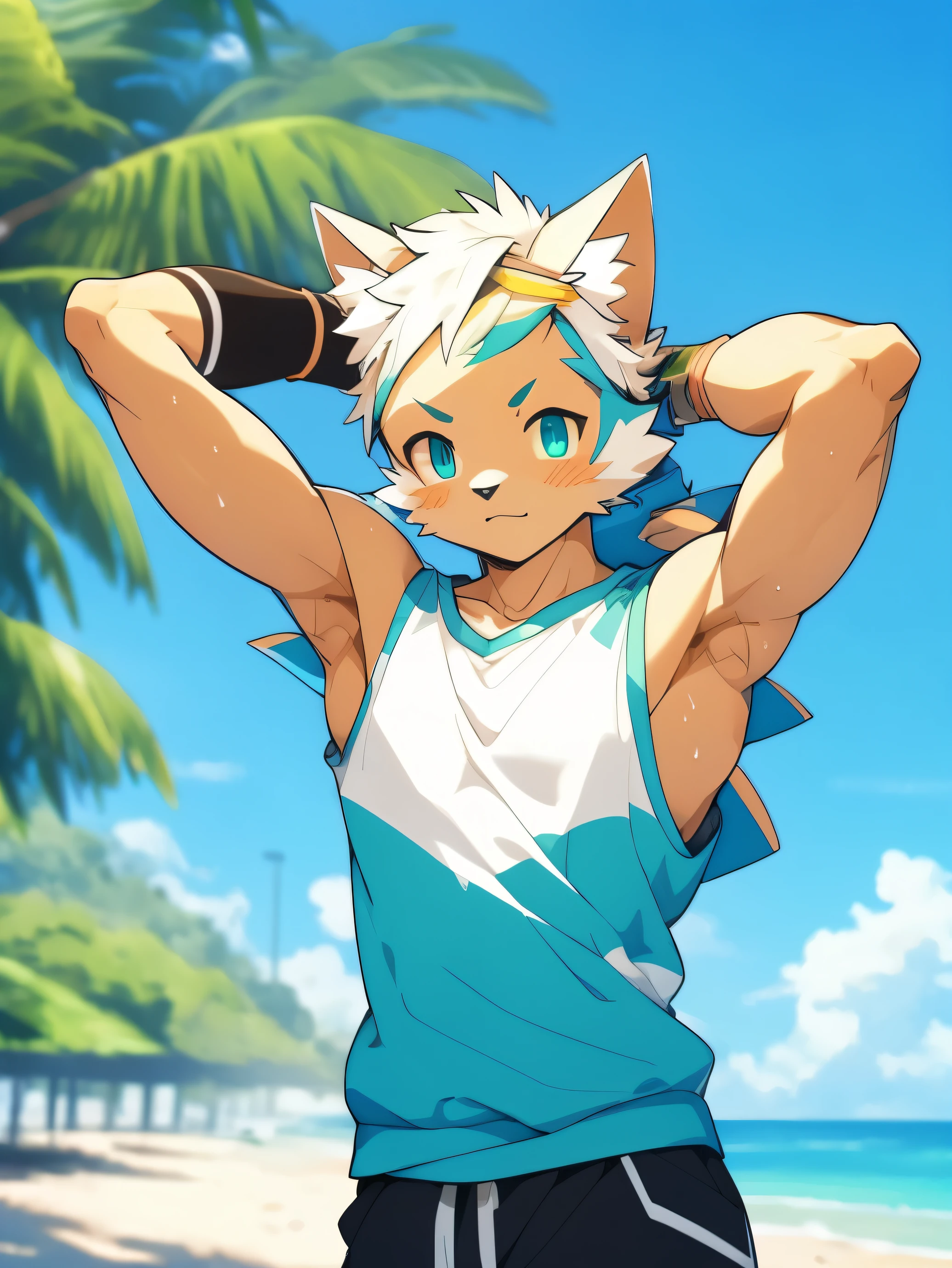Anime style,top quality, best quality, High-quality illustrations, masterpiece, detailed background, -Yeld-Boyougy, shota, Cyan cat boy, Sleeveless hoodie, Body, (Showing armpit:1.4), Slim body, Slim stomach, Beach, cute, handsome, Happy, joyful, Sweat, Blush, (highly detailed beautiful face and eyes)perfect anatomy(kemono, furry anthro)