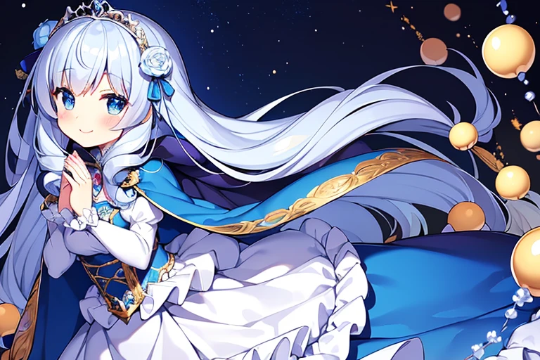(kawaii),(masterpiece),(best quality),(ultra detailed), upper body, rococo style,(long train deep blue cape:1.1), very long cape,(long train white ball gown with flower decorations:1.05), a girl is wearing a cape over her gown, 1 little princess, tiara, smile, very long hair