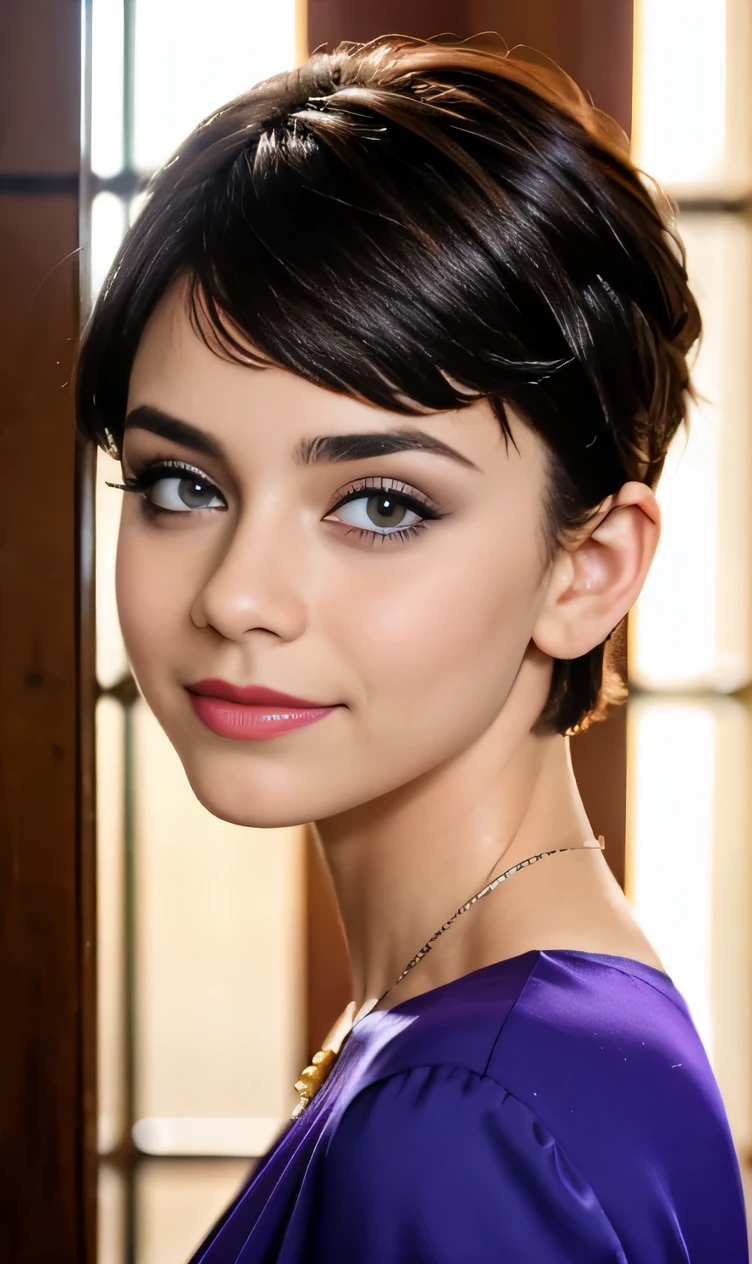 Photo of a 17-year-old European girl., .CRUDO, modelo adolescente hermosa,pecas en mejillas y pecho ,hermosos  ojos azules(Light Brown Hair Pixie Haircut),corte de cabello pixie desalineado ((retrato)), ((Cara detallada:1.2)), ((rasgos faciales detallados)), (Piel finamente detallada)  ,lindo maquillaje, purple eye shadows on the eyelids. ,un sexy(color fresco), (mesa) (proporciones perfectaotos realistas)(La mejor calidad), nffsw, (8K) (papel tapiz) (cinematic lighting) (dramatic lighting) (sharp focus) (Enrevesado) , fondo variado , linda sonrisa, foto de cuerpo completo , posando para foto , gargantilla negra , aretes de clip , maquillaje , labios rojos , sombra de ojos morada , viste vestido  morado elegante , chica alegre