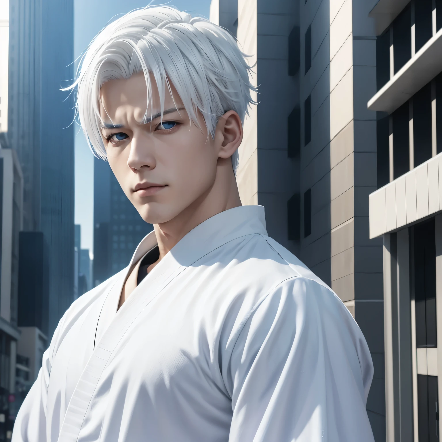 Gojo satoru from jujutsu kaisen, white hair, beautiful blue and white eyes with white lashes, dashing personality, handsome, anime1male, short hair , white hair, blue eyes, handsome, white  clothes, realistic clothes, detail clothes, city background, ultra detail, realistic