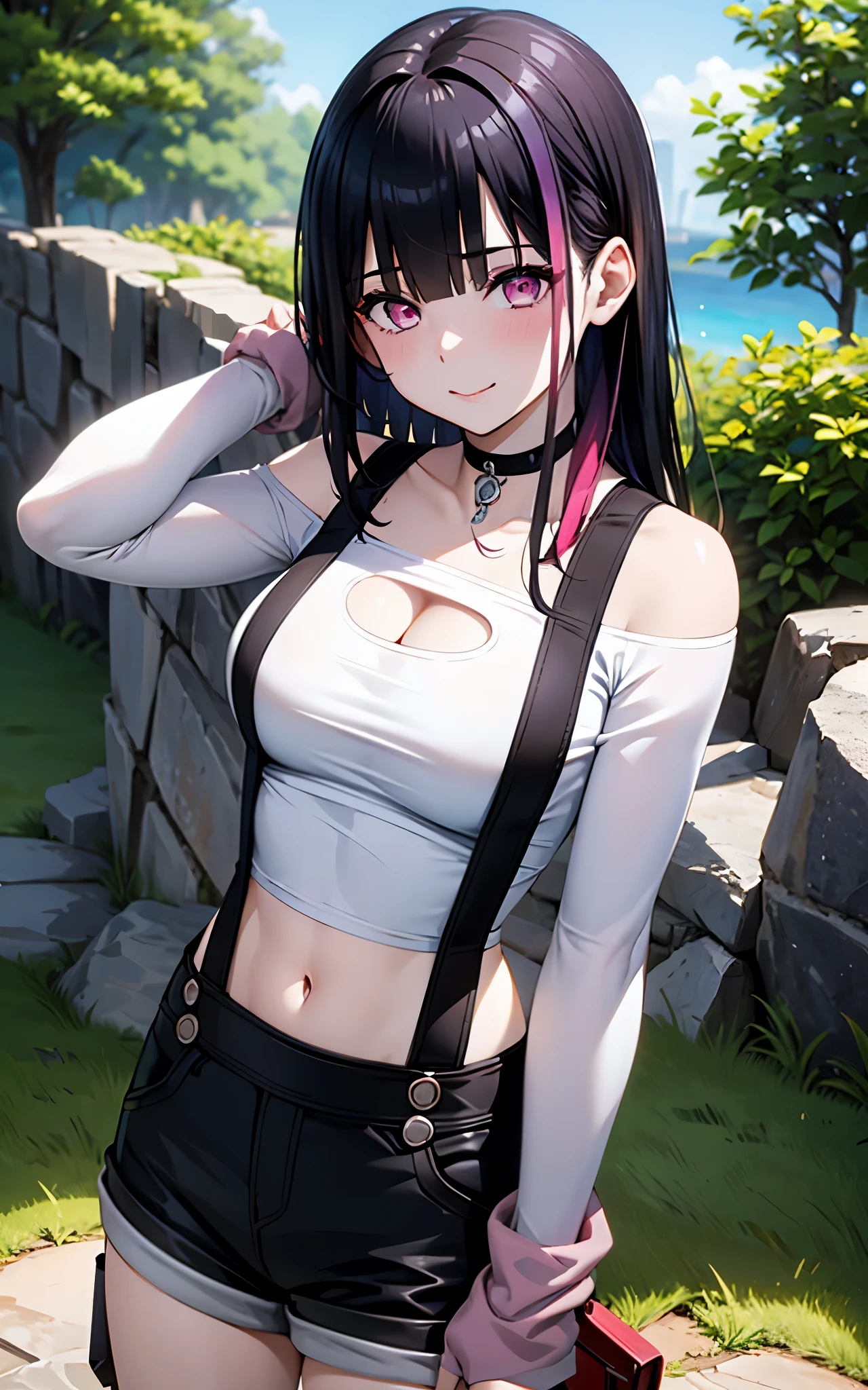 Realistic version of rouge redstar,1girl,pale skin, black hair, solo, long hair, pink eyes, black overall shorts,white off-shoulder shirt,suspenders,straps,silver buttons, indian red arm warmers,ear ornament, black choker, streaked hair, blunt bangs, looking at viewer,seductive smile, cowboy shot,stone wall, (best quality, masterpiece),blue sky,tree, long sleeves,clothing cutout, suspenders 