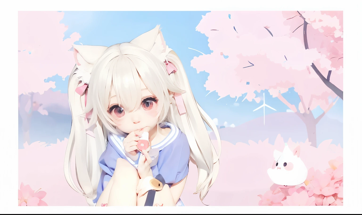 PopMart Blind Box IP, a close-up of a cute, white robe doll, young wanangel style, wearing long and fluent clothes, wlop style, pocelain doll, little people; Unreal Engine 5, Lite 3D/C4D production: 8K HD quality/lighting/ultra-detailed lens depiction 1.5, flawless, chibi background/cinematic.