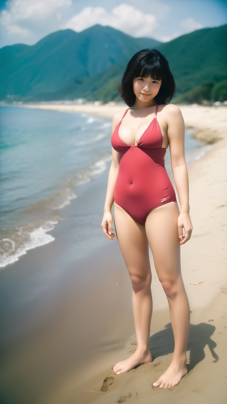 Distant view, Polaroid, out of focus, best quality, masterpiece, ultra high res, photorealistic, Full-body shot from the front in the distance, Atmosphere of the 1980s, Japanese beaches on a cloudy day, mother and Slightly overweight daughters with black straight hair and dark eyes, (((30-year-old mother and -yeld daters in swimsuits))), Include the surrounding scenery, big and round hips, sensual body, obscene body, huge breasts :1.3, saggy breasts:1.4, (((Perfect Anatomy)))