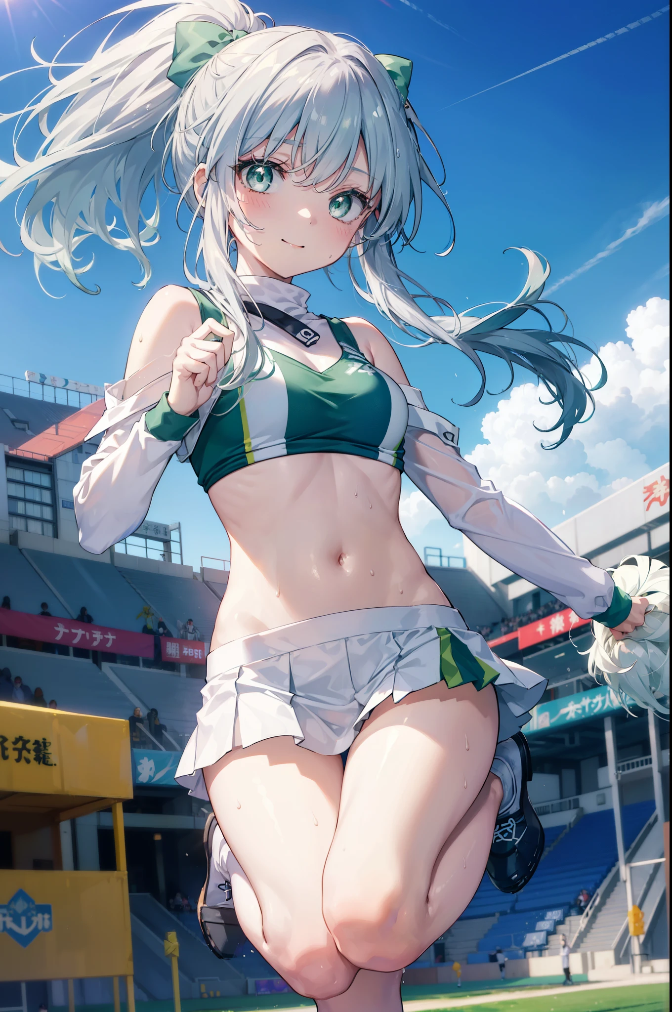 index, index, (green eyes:1.5), silver hair, long hair, (flat chest:1.2),ponytail,(Cheerleader), (whole body), smile,blush,open your mouth,big breasts, lower, (sweaty), sweaty Wet Clothes, (白色Cheerleader服),, Belly button support, playground, (jump), (jump), 足を曲げてjumpする, air, blue sky, Grass原, smile
Cheerleader, White pom-poms on both hands \(Cheerleader\)have, Grass, smile, 
break looking at viewer, Upper body, whole body,
break outdoors,stadium ,
break (masterpiece:1.2), highest quality, High resolution, unity 8k wallpaper, (shape:0.8), (fine and beautiful eyes:1.6), highly detailed face, perfect lighting, Very detailed CG, (perfect hands, perfect anatomy),