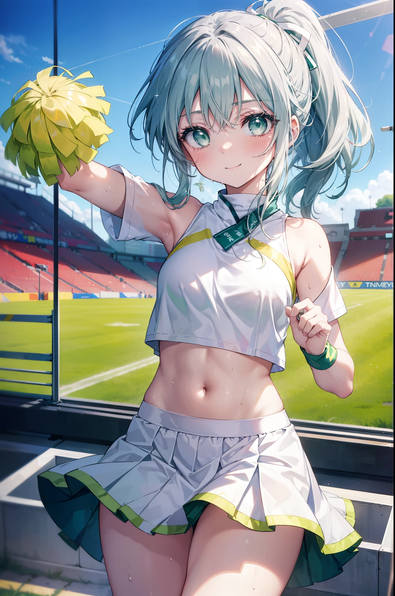 index, index, (green eyes:1.5), silver hair, long hair, (flat chest:1.2),ponytail,(Cheerleader), (whole body), smile,blush,open your mouth,big breasts, lower, (sweaty), sweaty Wet Clothes, (白色Cheerleader服),, Belly button support, playground, (jump), (jump), 足を曲げてjumpする, air, blue sky, Grass原, smile
Cheerleader, White pom-poms on both hands \(Cheerleader\)have, Grass, smile, 
break looking at viewer, Upper body, whole body,
break outdoors,stadium ,
break (masterpiece:1.2), highest quality, High resolution, unity 8k wallpaper, (shape:0.8), (fine and beautiful eyes:1.6), highly detailed face, perfect lighting, Very detailed CG, (perfect hands, perfect anatomy),