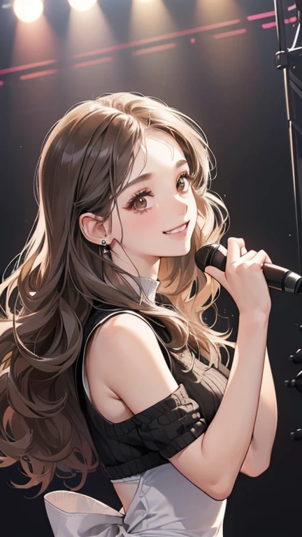 (table top, digital illustration, 4k, 8k, Super detailed, beautiful images, clear image, perfect face, perfect lines, perfect eyes, soft lighting) 1 female, (Singing a song, on stage, gray long wavy hair, innocent look, look at viewer, side view,Over-the-shoulder ,droopy eyes, brown eyes, innocence, cute, smile gently,27 years old:1.3), full of light,(embarrassing, shy smile:1.2), sleeveless black knit, Piercing, bad finger