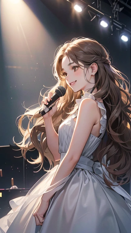 (table top, digital illustration, 4k, 8k, Super detailed, beautiful images, clear image, perfect face, perfect lines, perfect eyes, soft lighting) 1 female, (Singing a song, on stage, gray long wavy hair, innocent look, look at viewer, side view,Over-the-shoulder ,droopy eyes, brown eyes, innocence, cute, smile gently,27 years old:1.3), full of light,(embarrassing, shy smile:1.2), sleeveless black knit, Piercing, bad finger